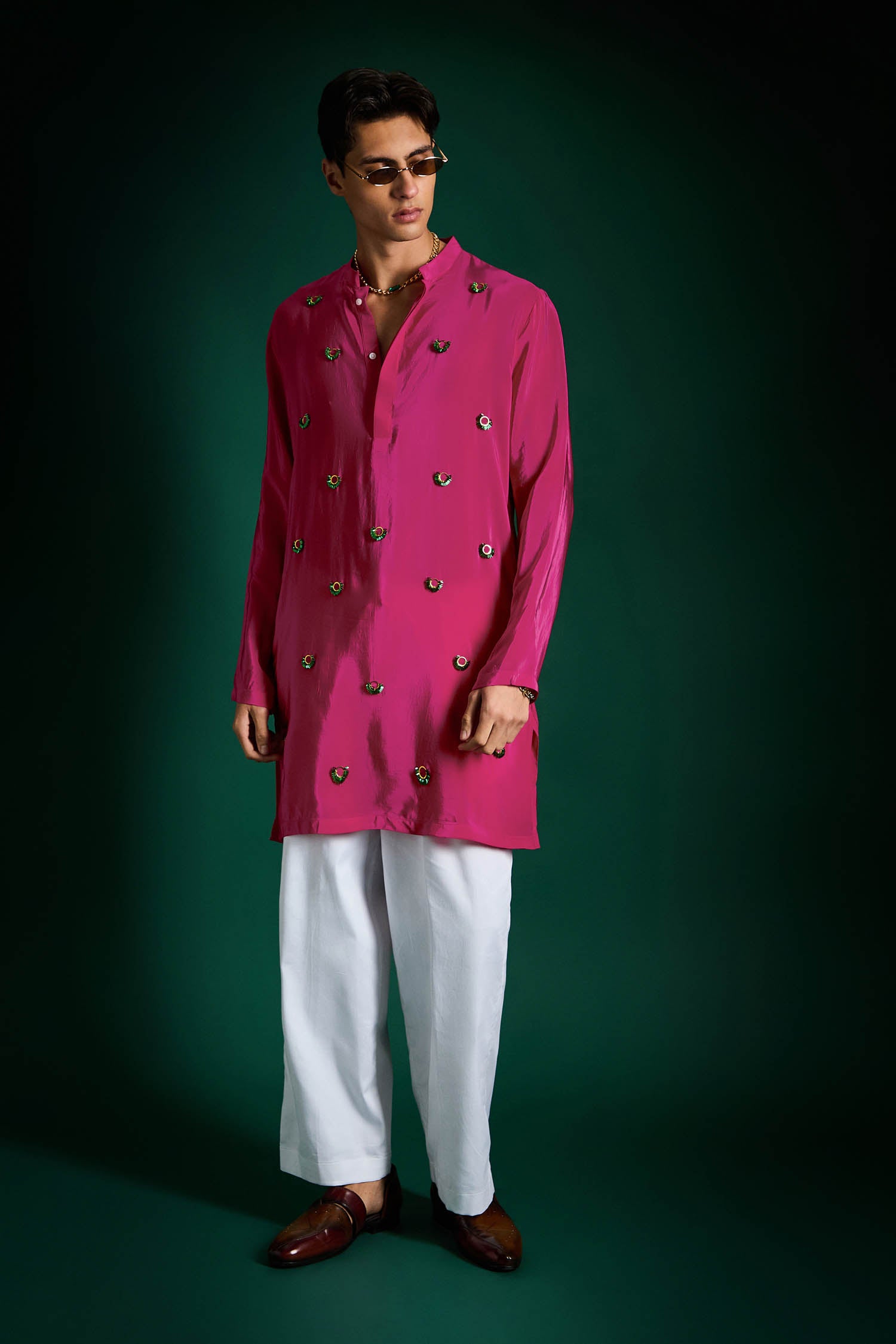 Spiral Hand Embroidered Designer Kurta - Hot PInk