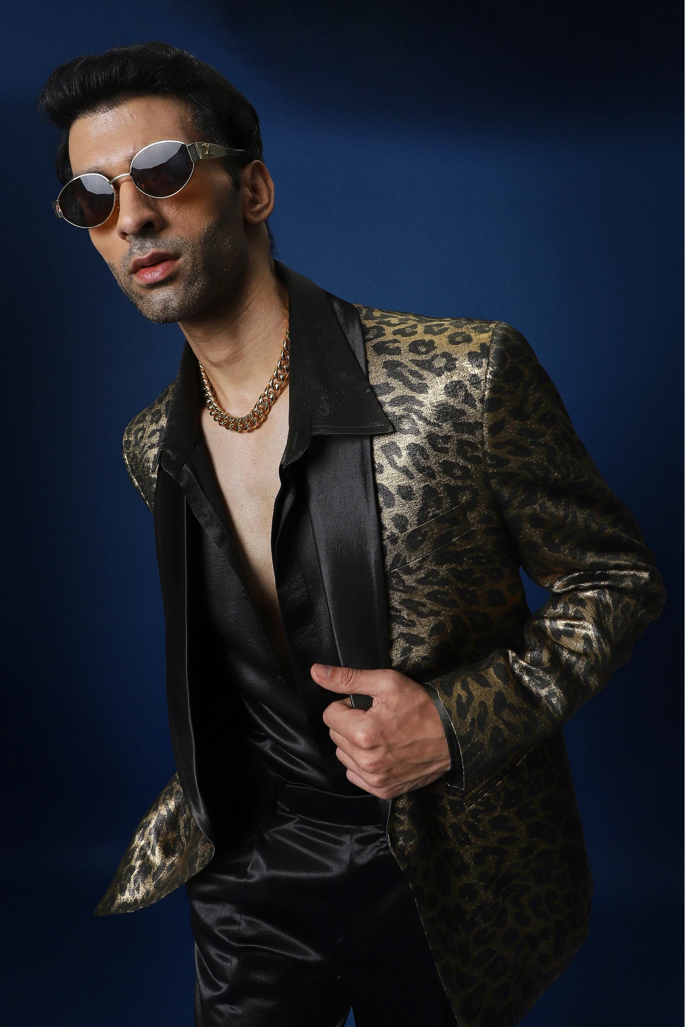 Leopard / Animal Print Hand Embroidered Tuxedo - Black