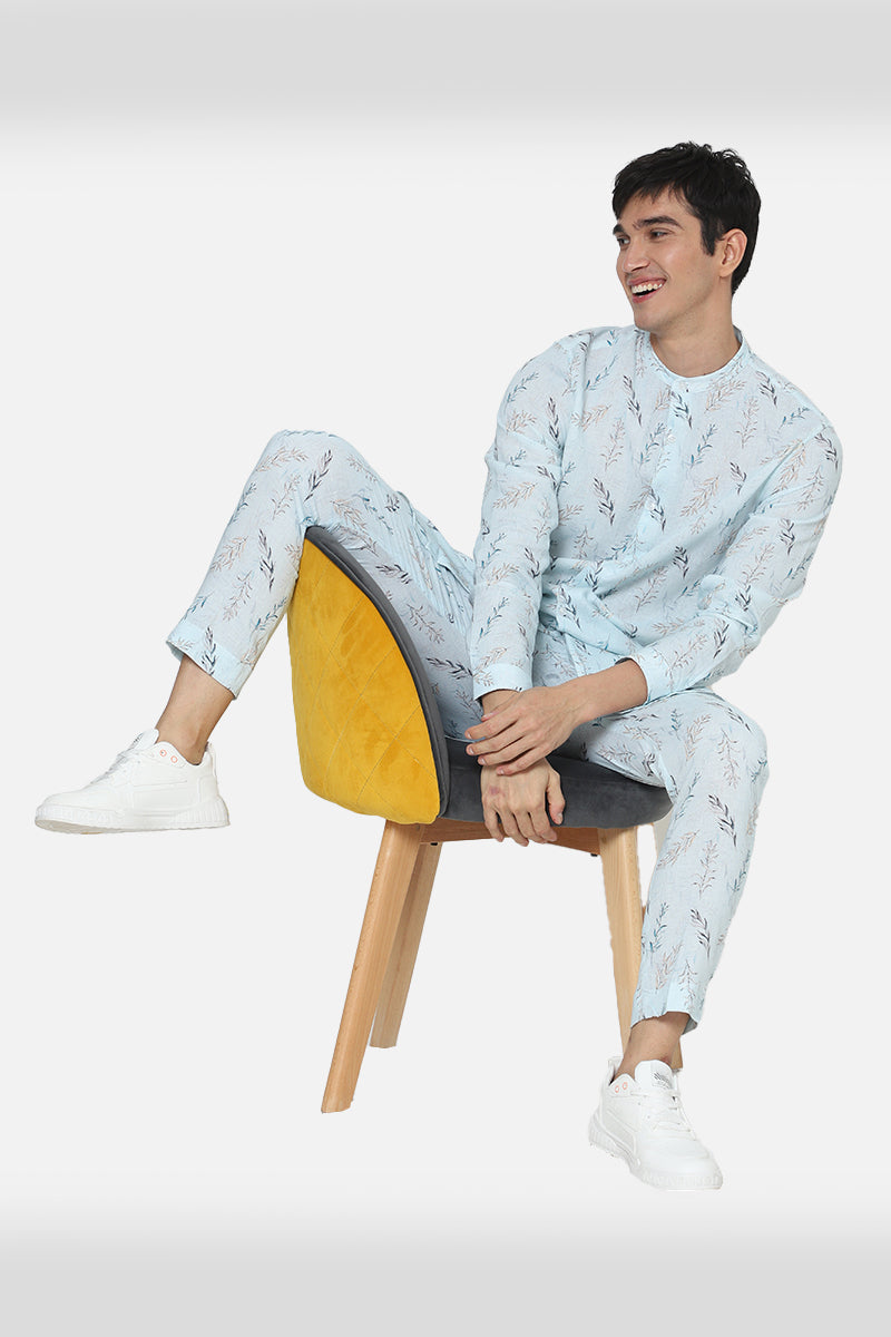Sky Blue Linen Printed Kurta Set