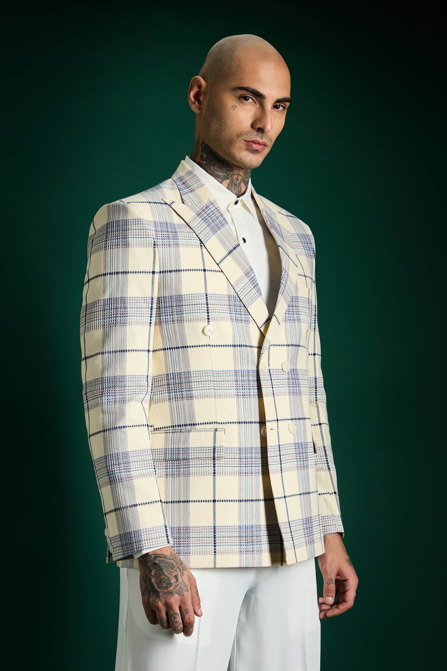 The Board Room Blazer Tartan Checks - Ecru White