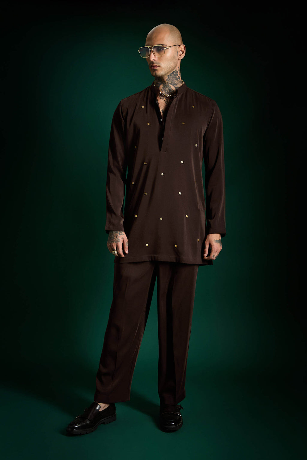 Studded Hand Embroidered Designer Kurta Set - Coffee brown