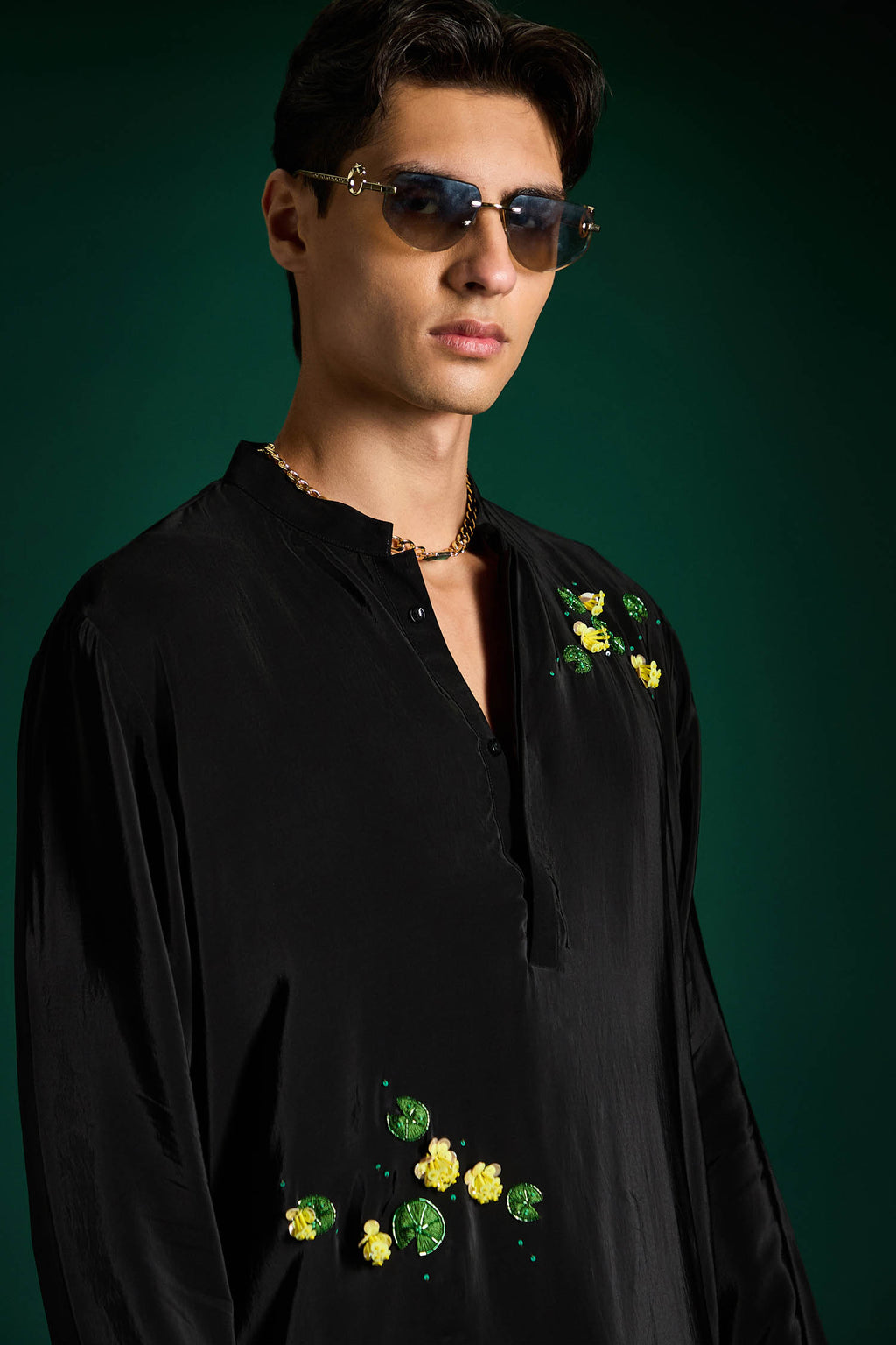 Water Lily Hand Embroidered Designer Kurta - Black