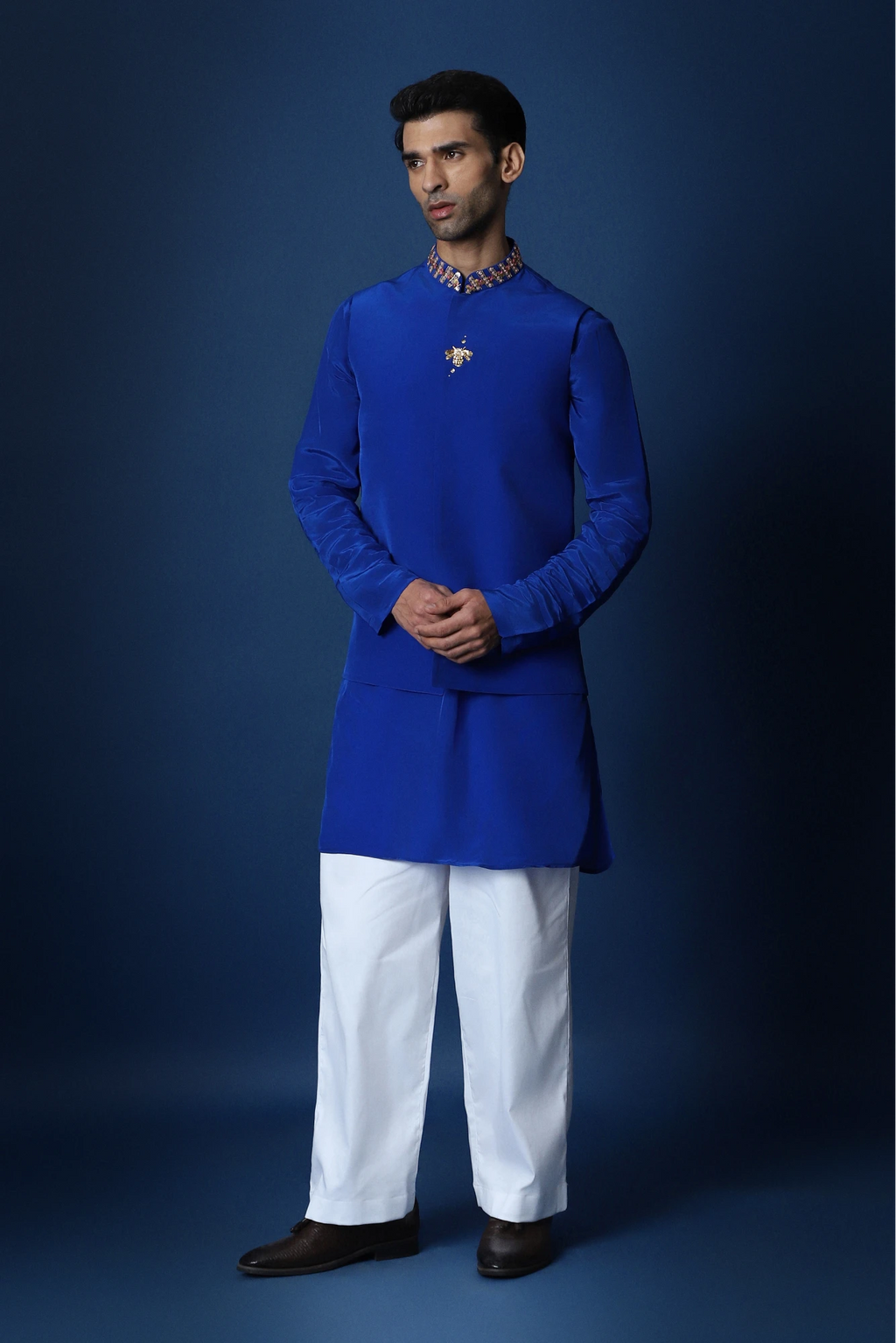 Groom Squad Hand Embroidered Crepe Bundi With Kurta  - Royal Blue