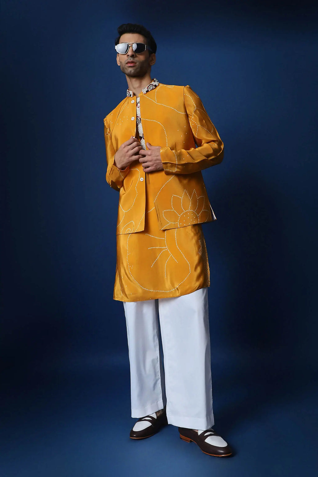 Mustard Doodle Flower Bandhani Bundi Set - Mustard