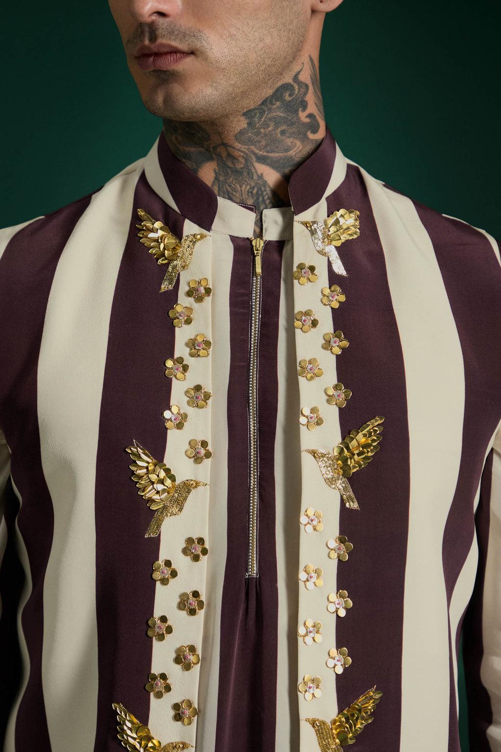 Crest Hand Embroidered Designer Kurta Bundi Set - Wine