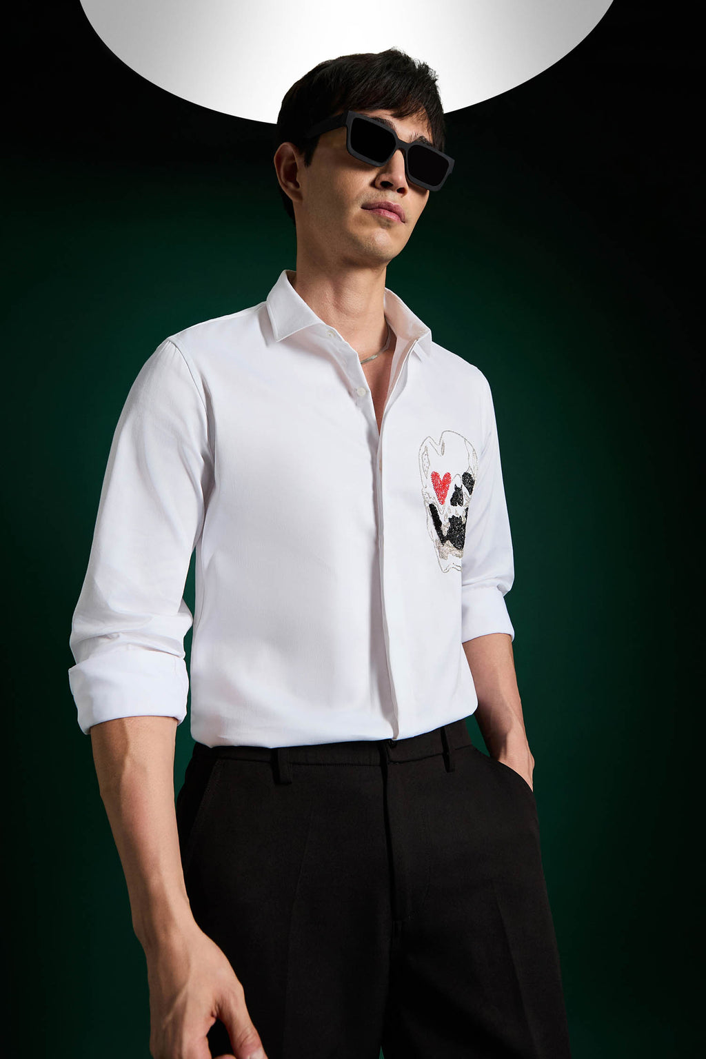 Heart Skull White - Hand Embroidered Designer Shirt