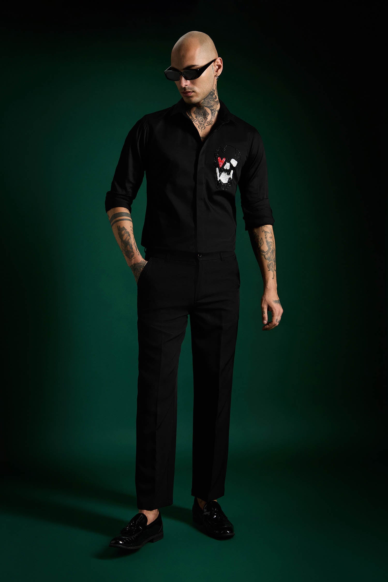 Heart Skull - Black Hand Embroidered Designer Shirt