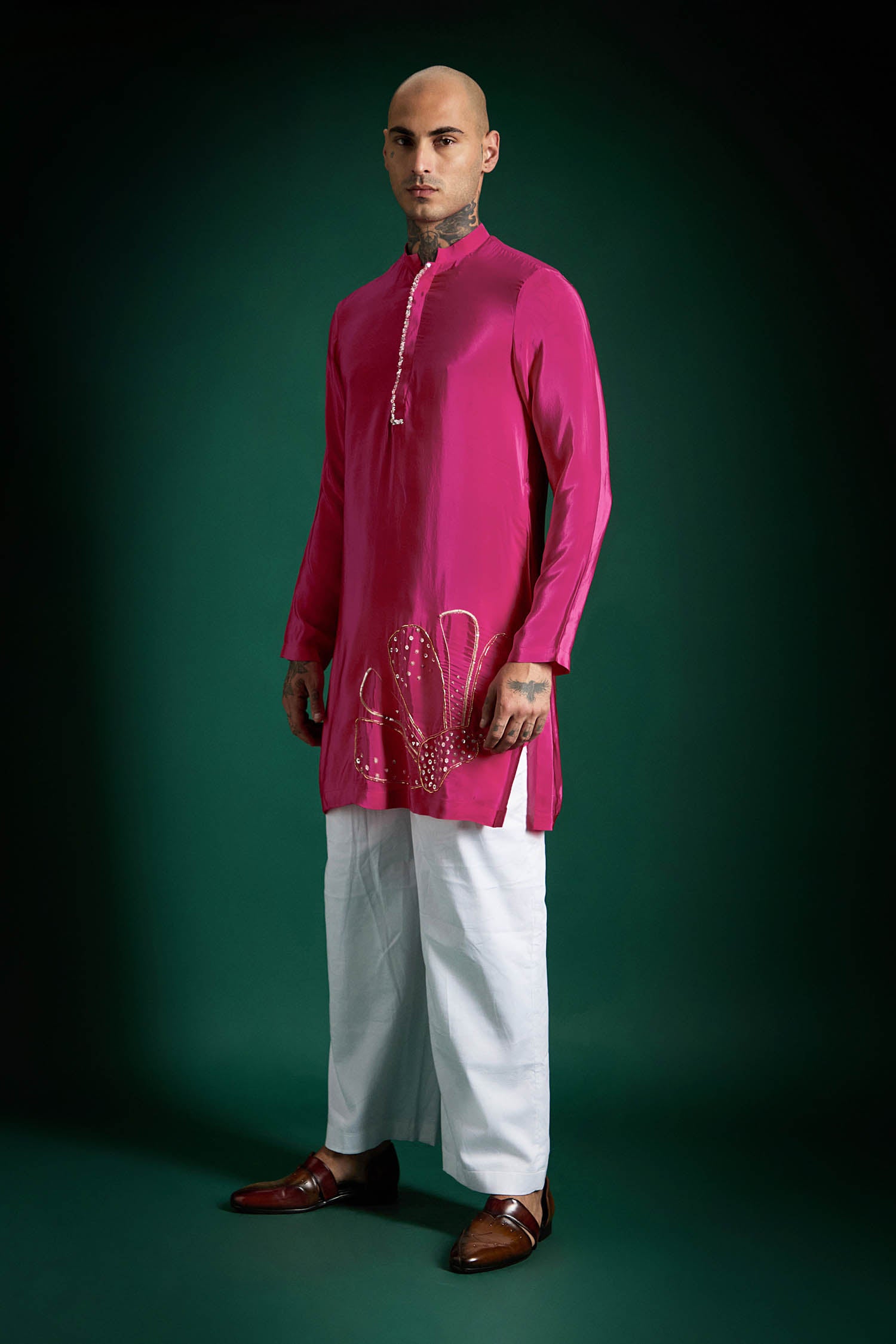 Petals Hand Embroidered Designer Kurta - Hot Pink