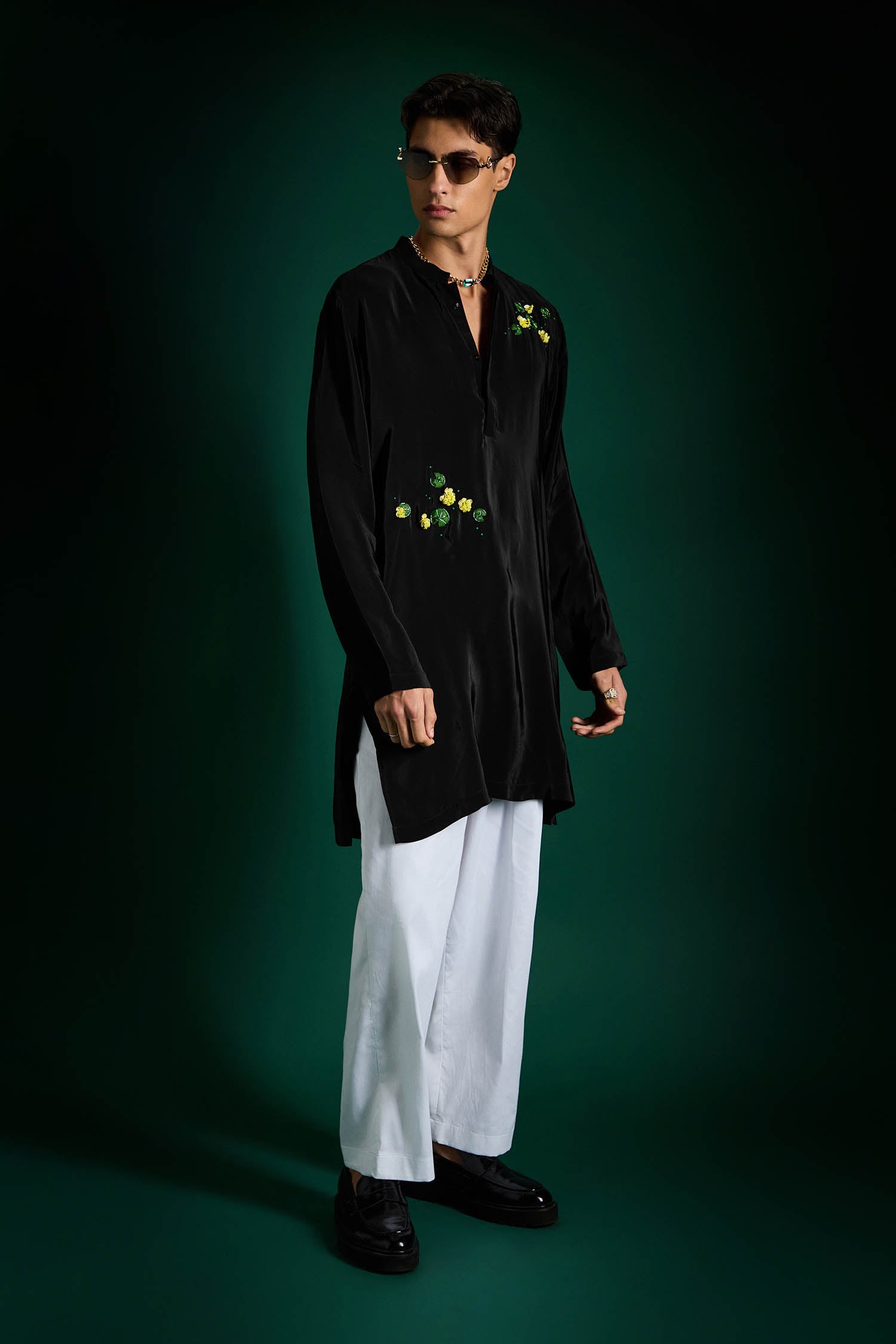 Water Lily Hand Embroidered Designer Kurta - Black