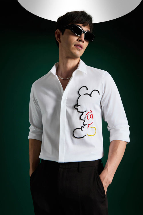 Big Mickey - White Hand Embroidered Designer Shirt