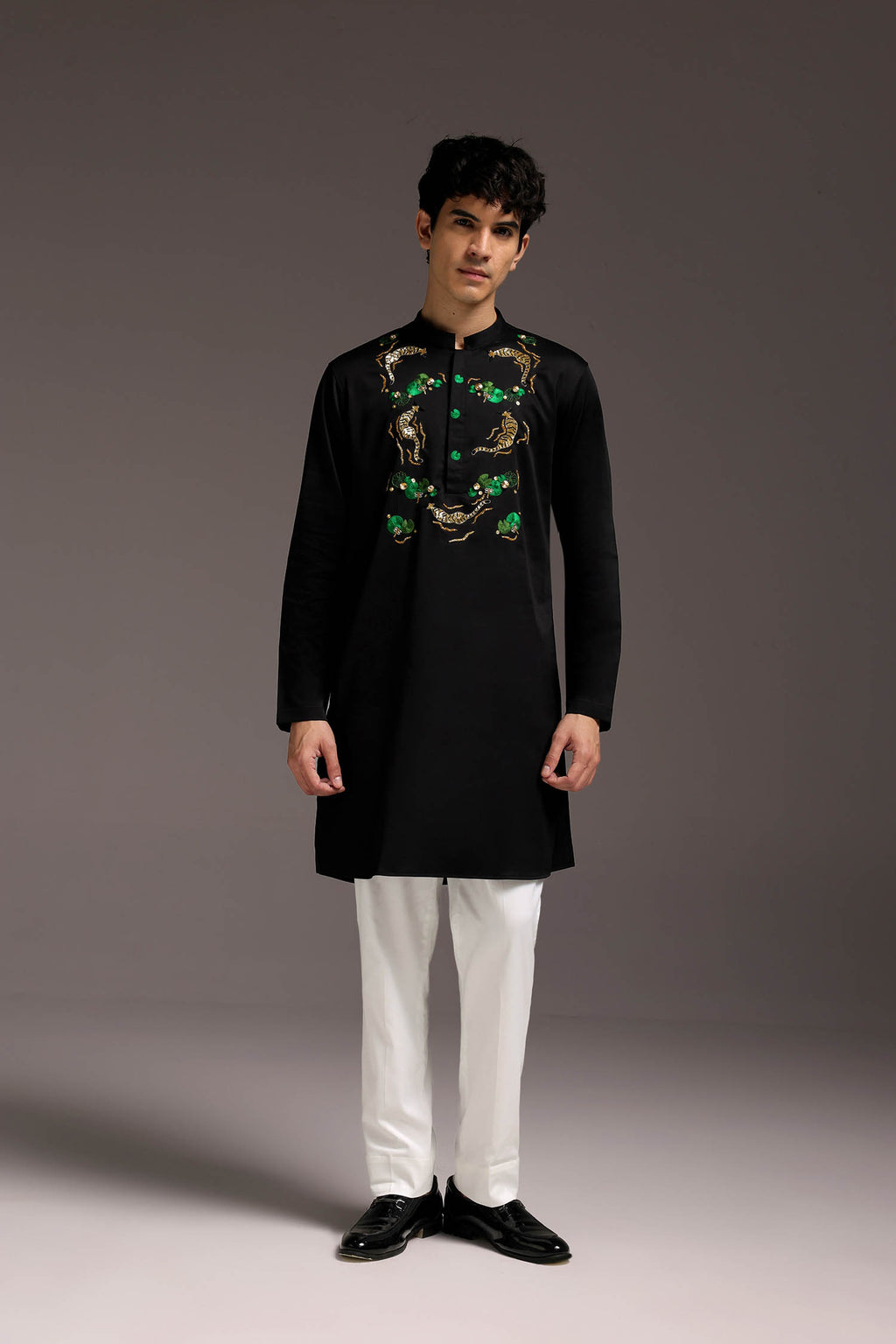 Swimming Tiger - Hand Embroidered Designer Kurta