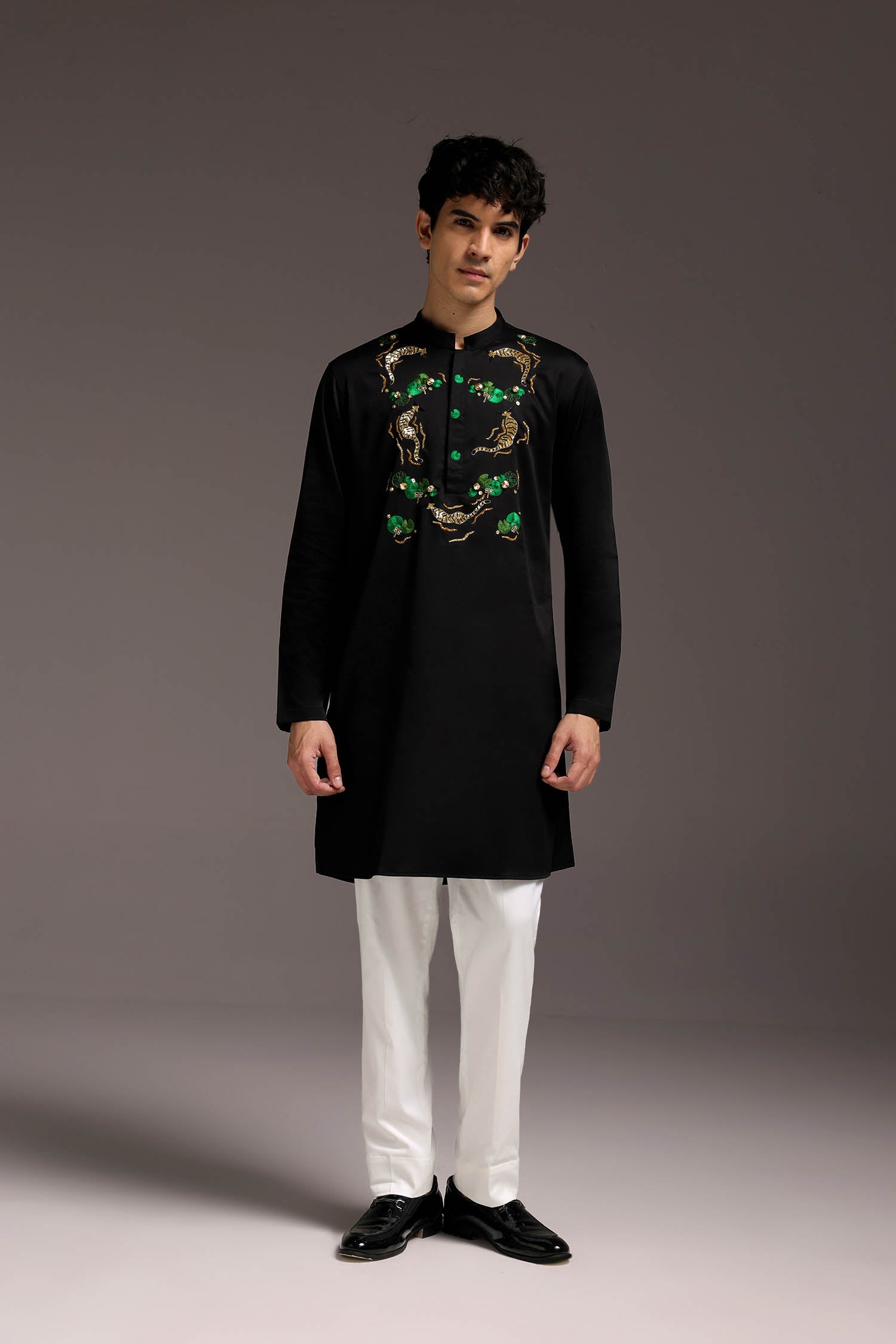 Swimming Tiger - Hand Embroidered Designer Kurta