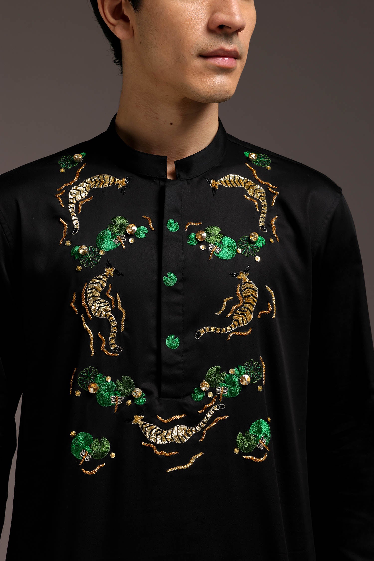 Swimming Tiger - Hand Embroidered Designer Kurta