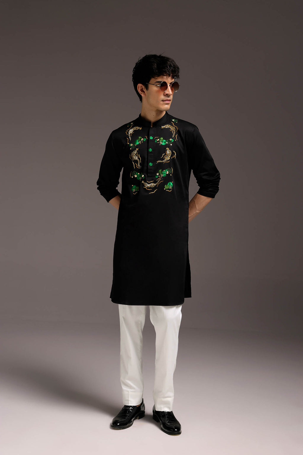 Swimming Tiger - Hand Embroidered Designer Kurta