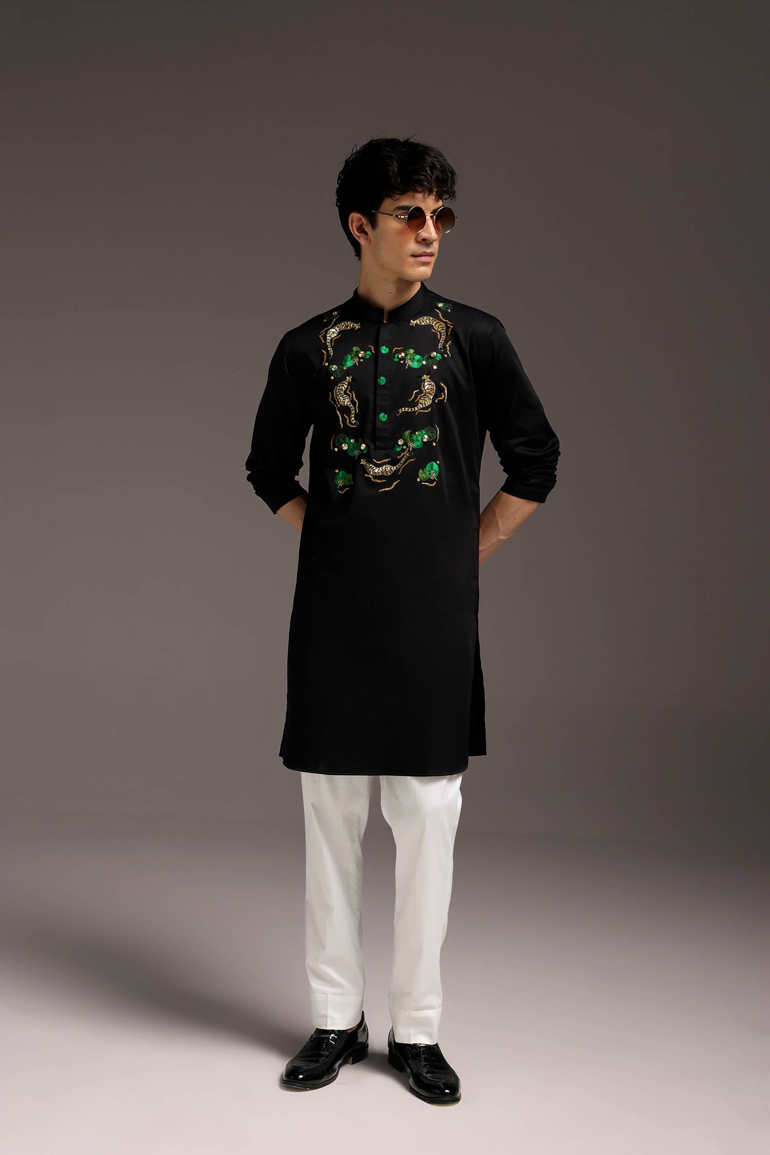 Swimming Tiger - Hand Embroidered Designer Kurta