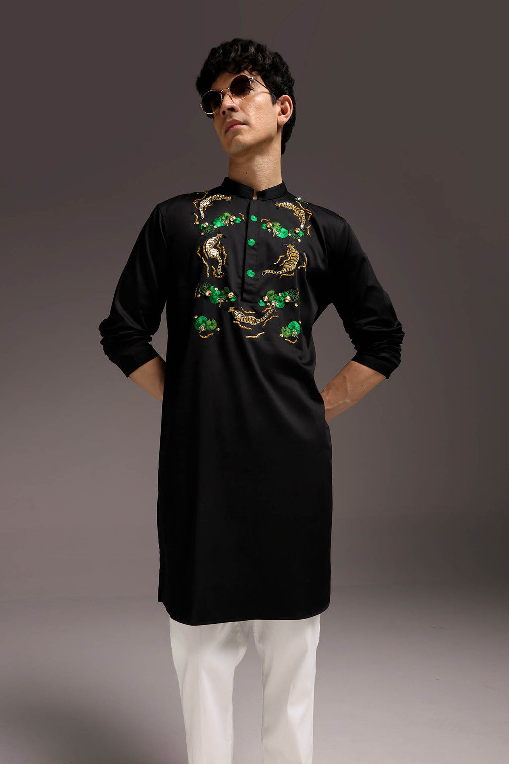 Swimming Tiger - Hand Embroidered Designer Kurta