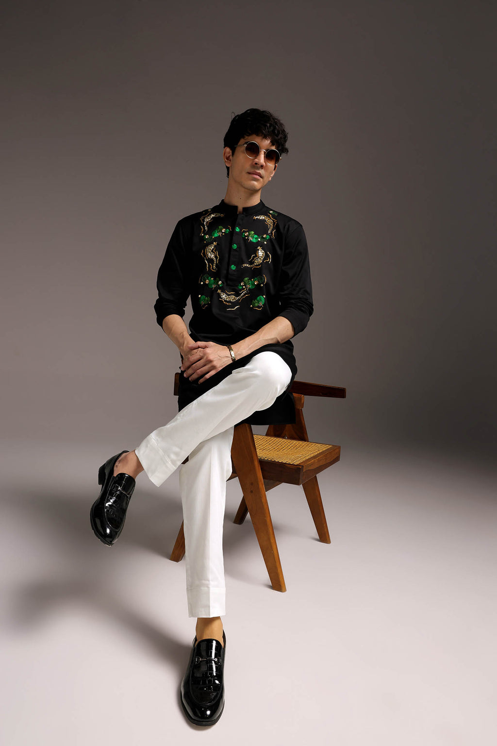 Swimming Tiger - Hand Embroidered Designer Kurta