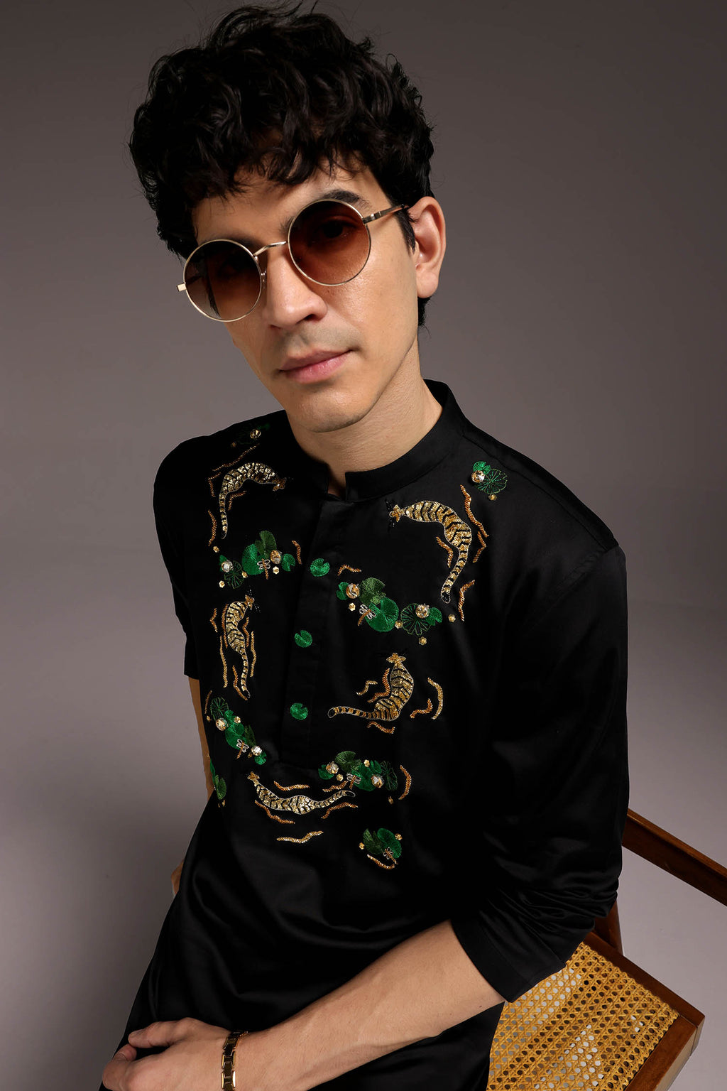 Swimming Tiger - Hand Embroidered Designer Kurta