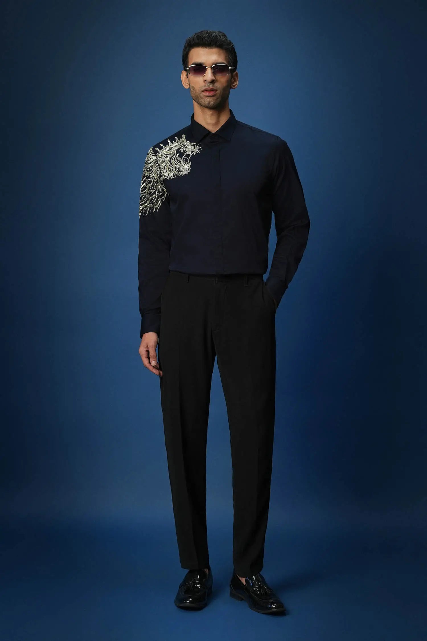 Narasimha embroidered Designer Shirt - Navy