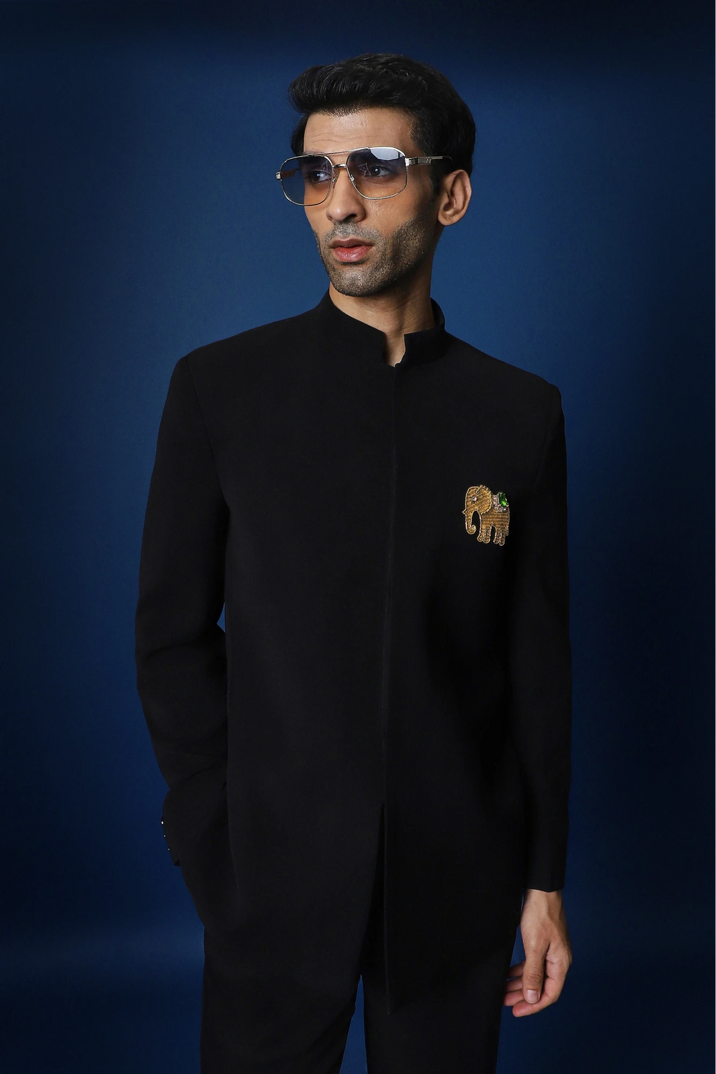 Yanai (Elephant) Hand Embroidered Bandhgala - Black