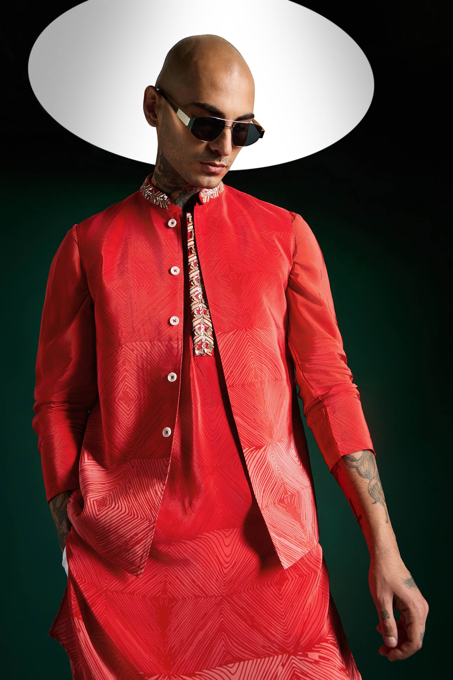 Red Print-hand Embroidered Designer Bundi