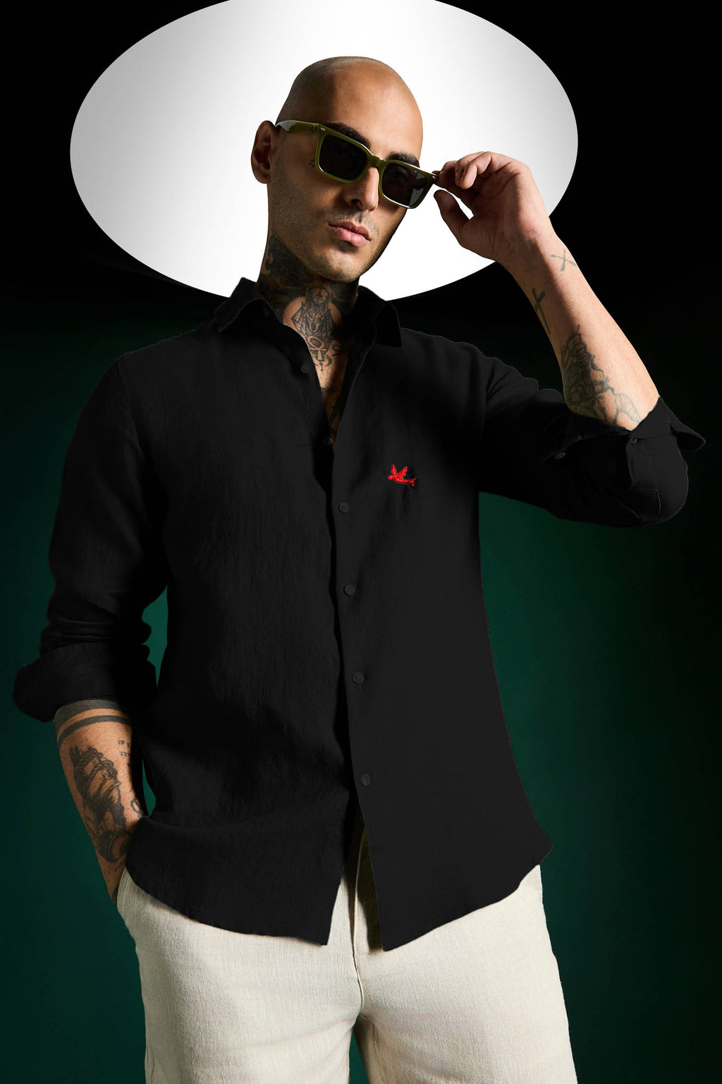 Bird Irish Linen Shirt - Black and Red Bird