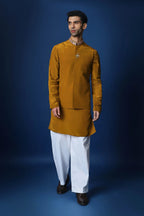 Groom Squad Hand Embroidered Crepe Bundi Set - Mustard