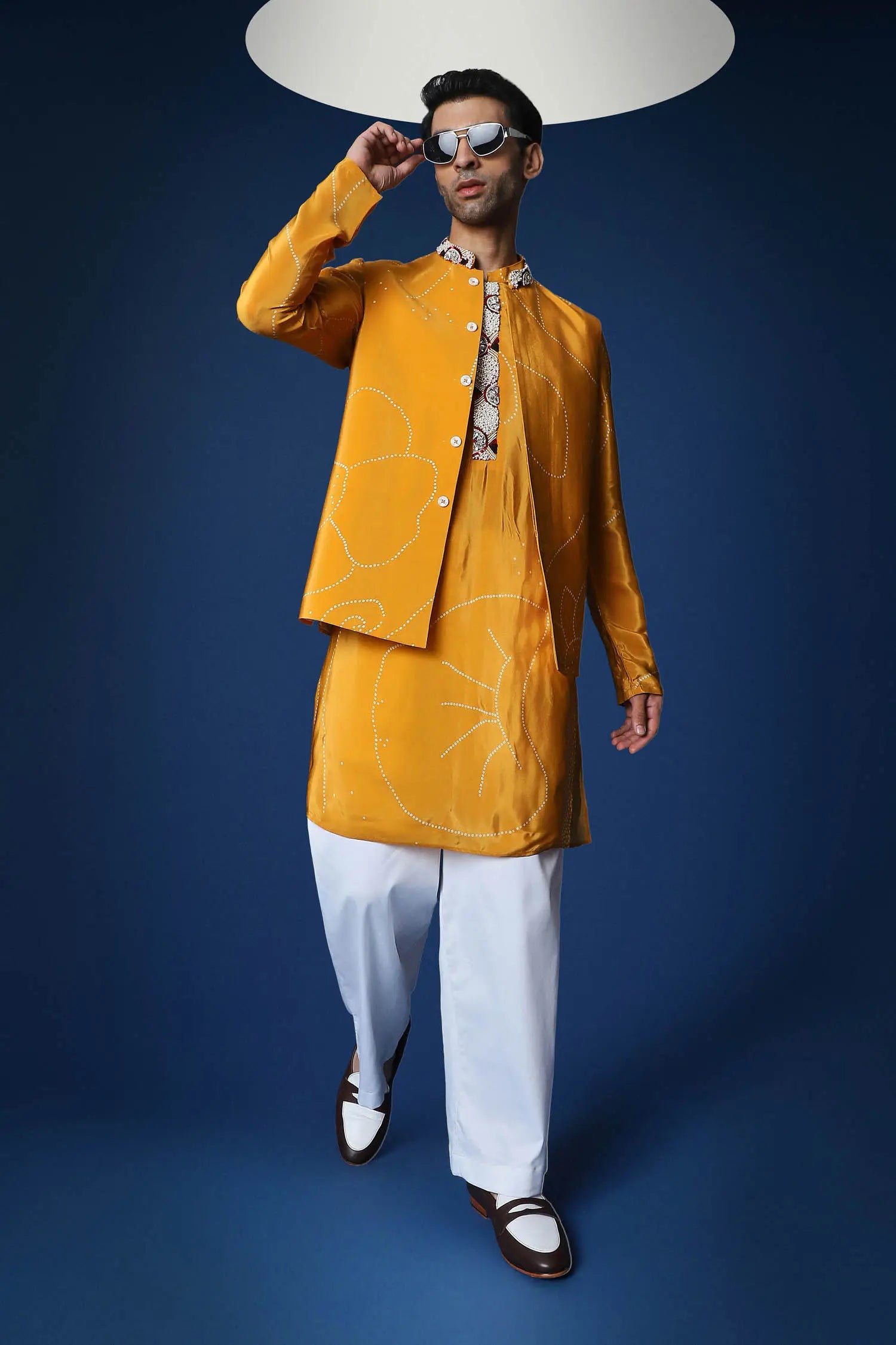 Mustard Doodle Flower Bandhani Bundi Set - Mustard