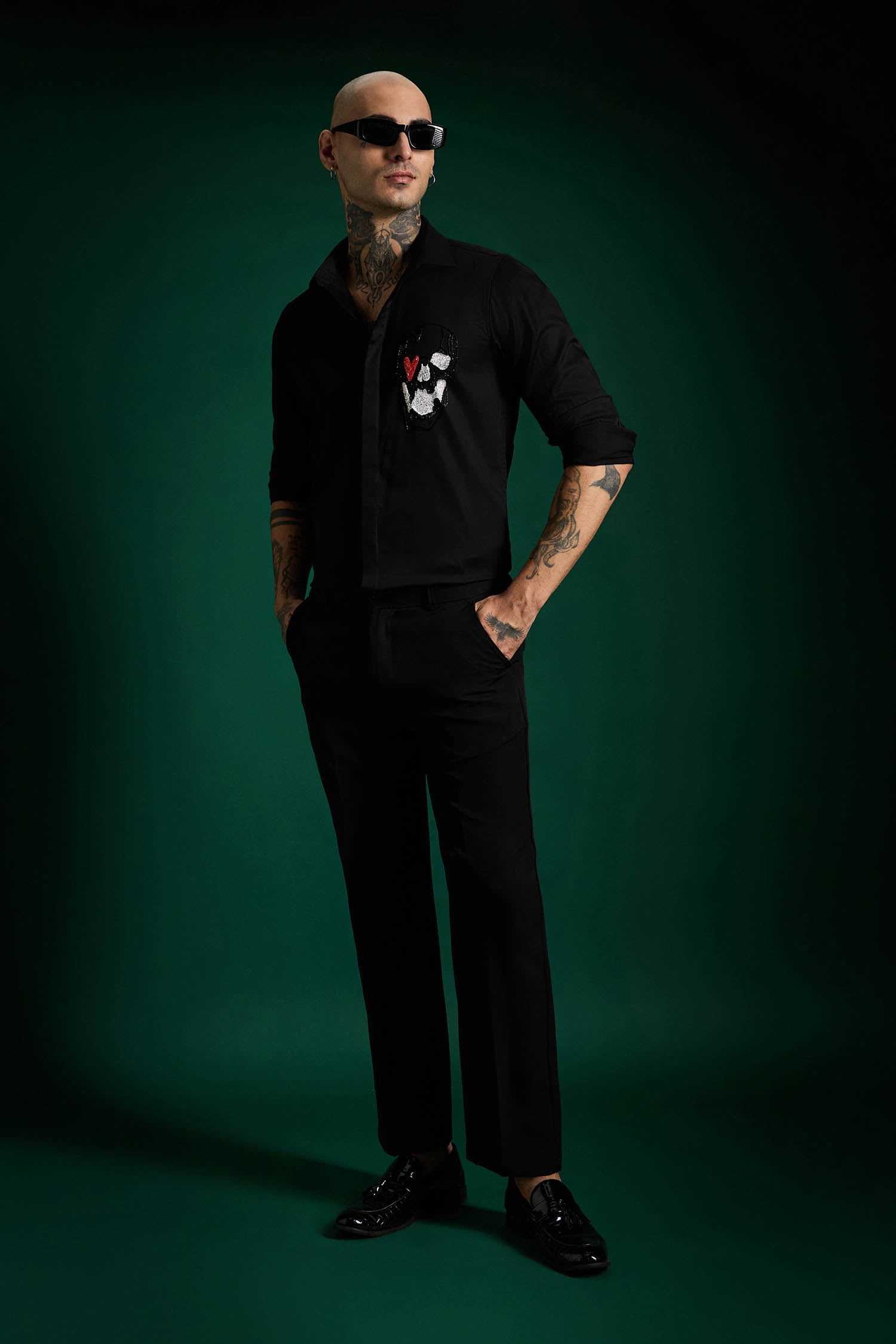 Heart Skull - Black Hand Embroidered Designer Shirt