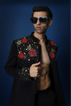 Celestial Rose Hand Embroidered Bandhgala - Black