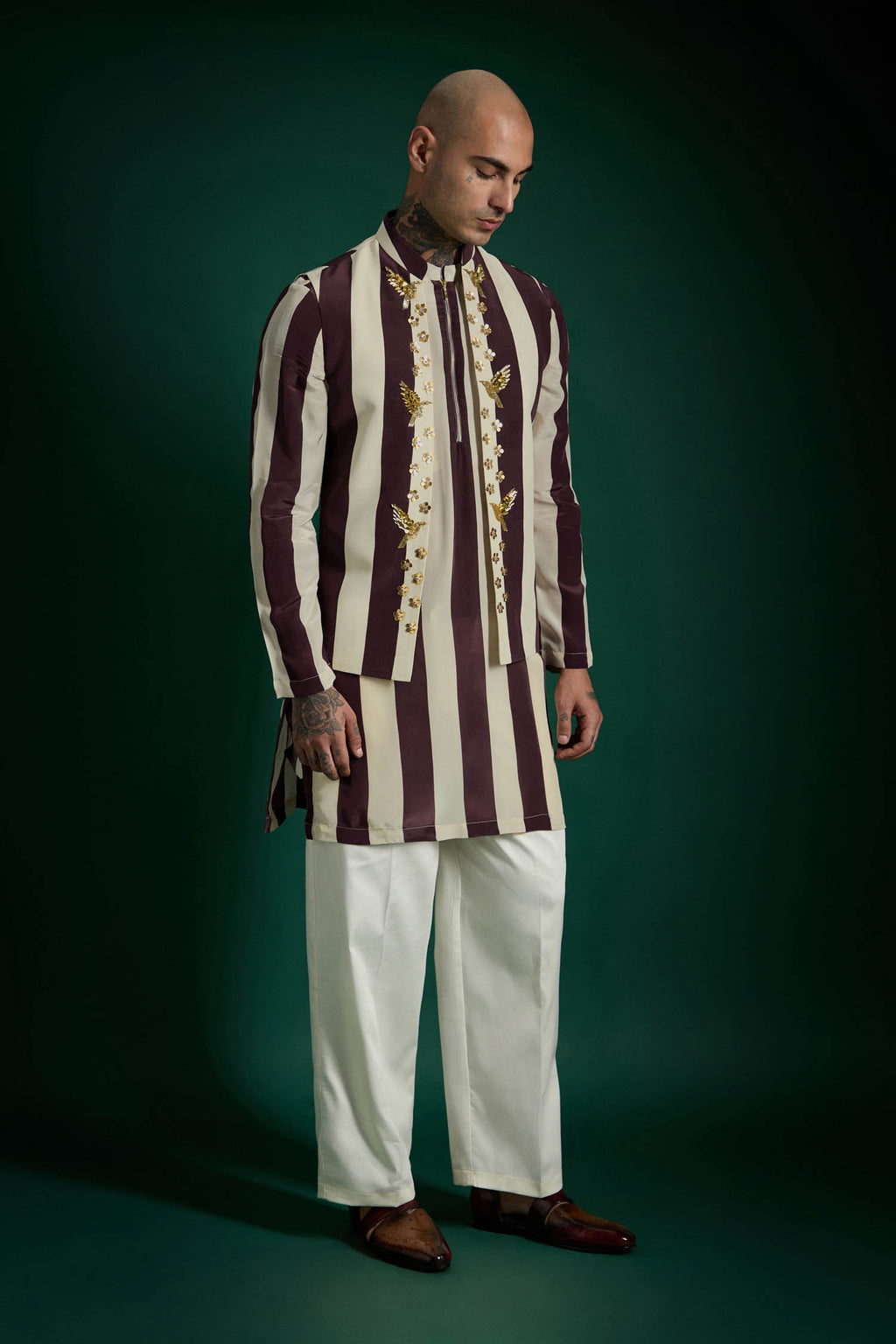 Crest Hand Embroidered Designer Kurta Bundi Set - Wine