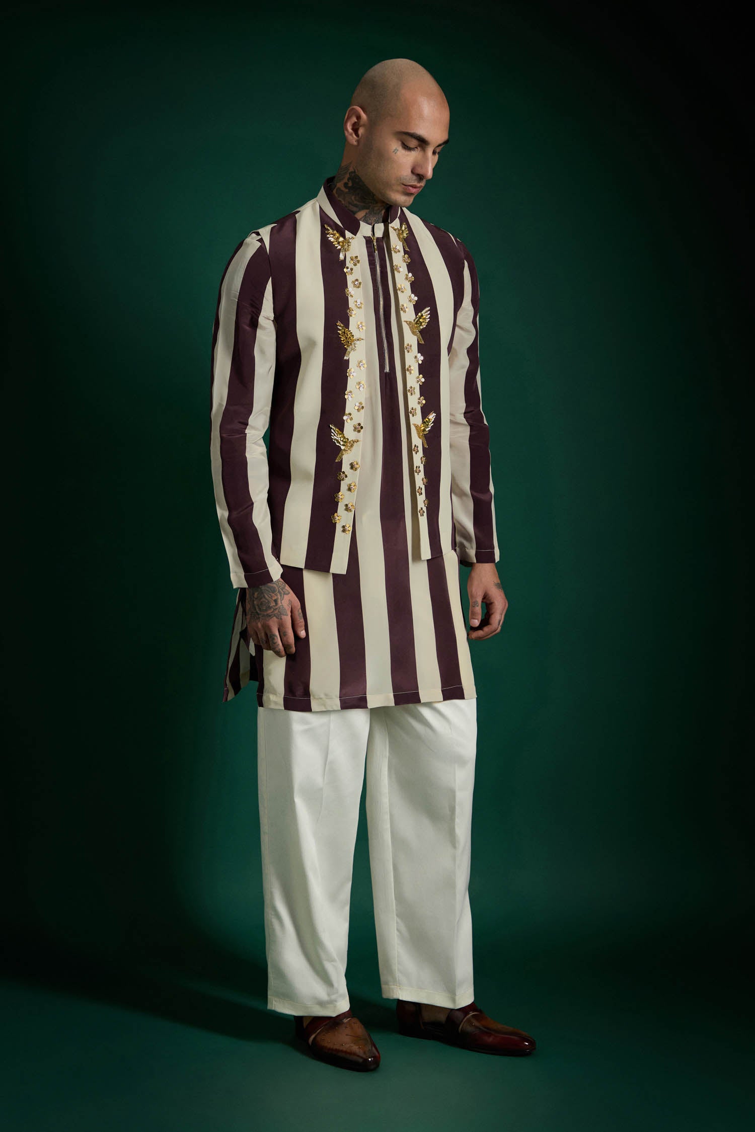 Crest Hand Embroidered Designer Kurta Bundi Set - Wine