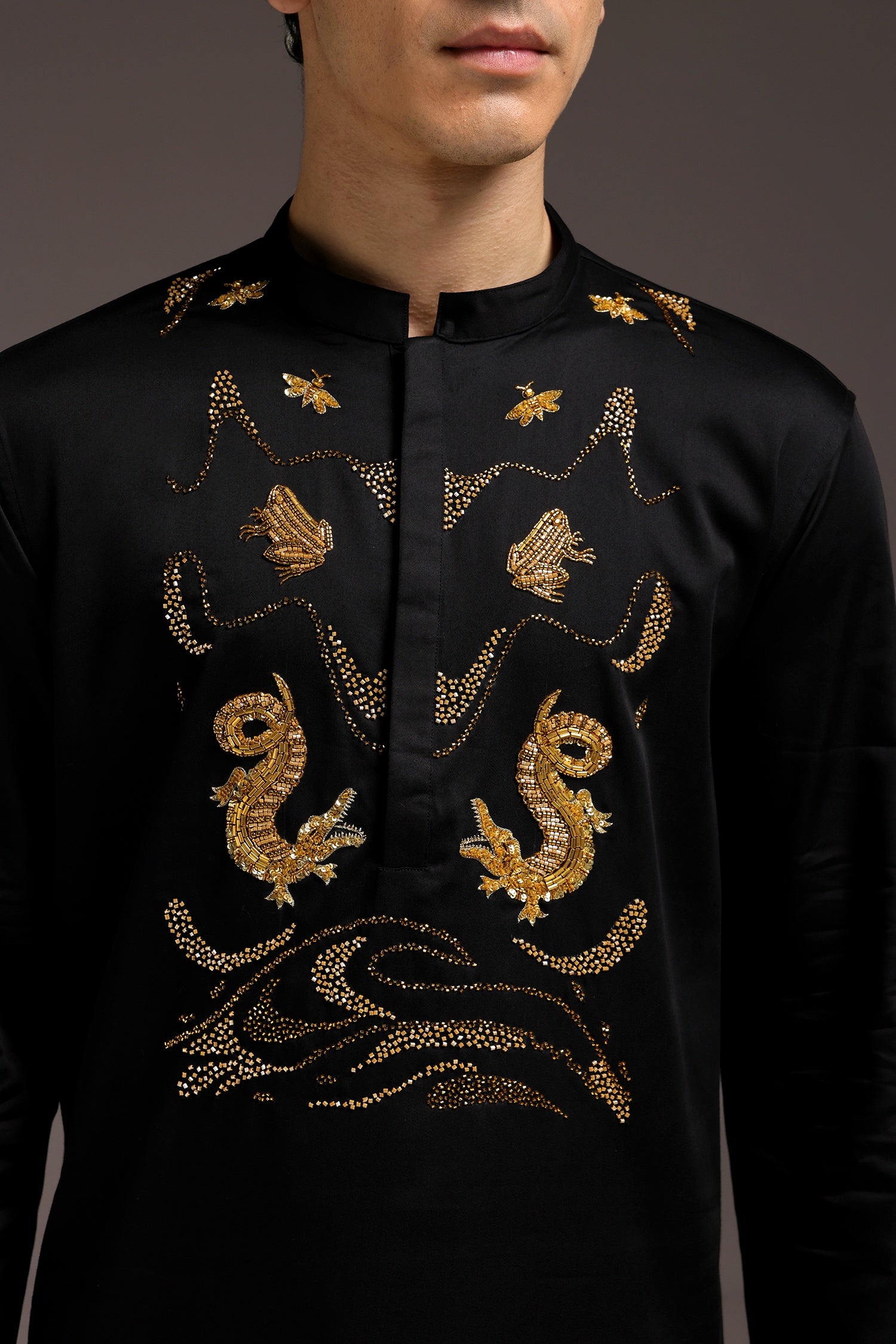 Lagoon(Crocodile&frog) - Hand Embroidered Designer Kurta