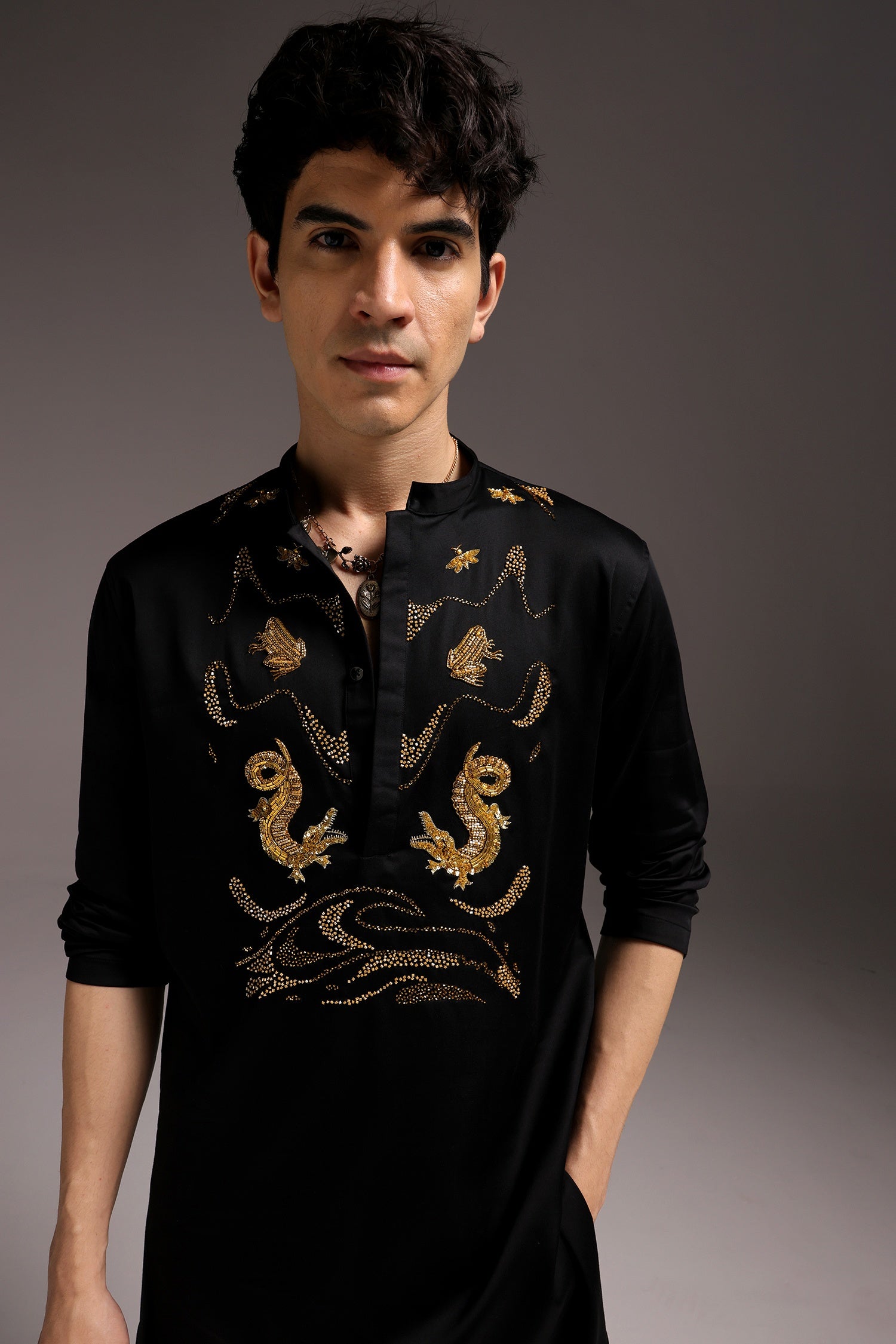 Lagoon(Crocodile&frog) - Hand Embroidered Designer Kurta