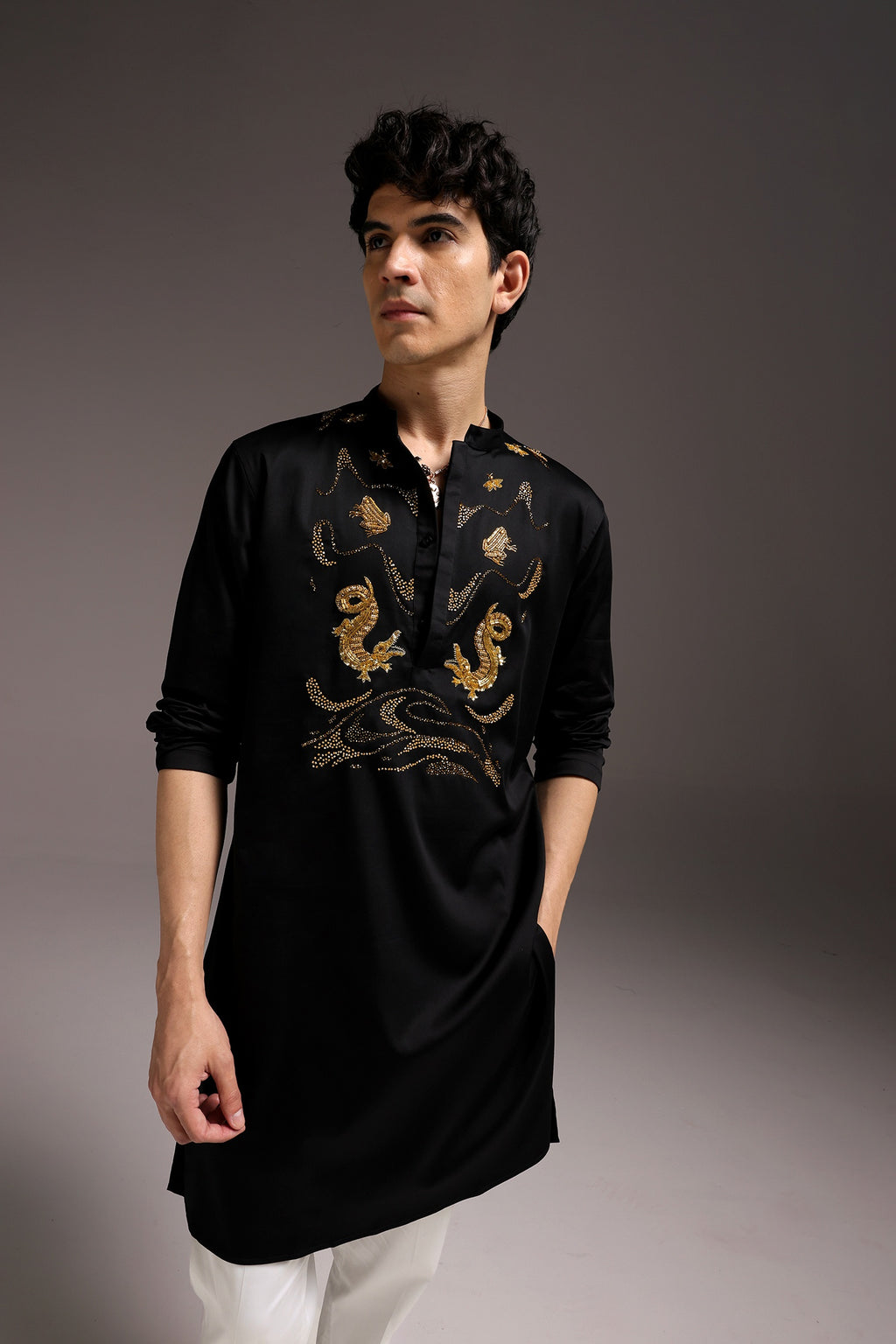 Lagoon(Crocodile&frog) - Hand Embroidered Designer Kurta