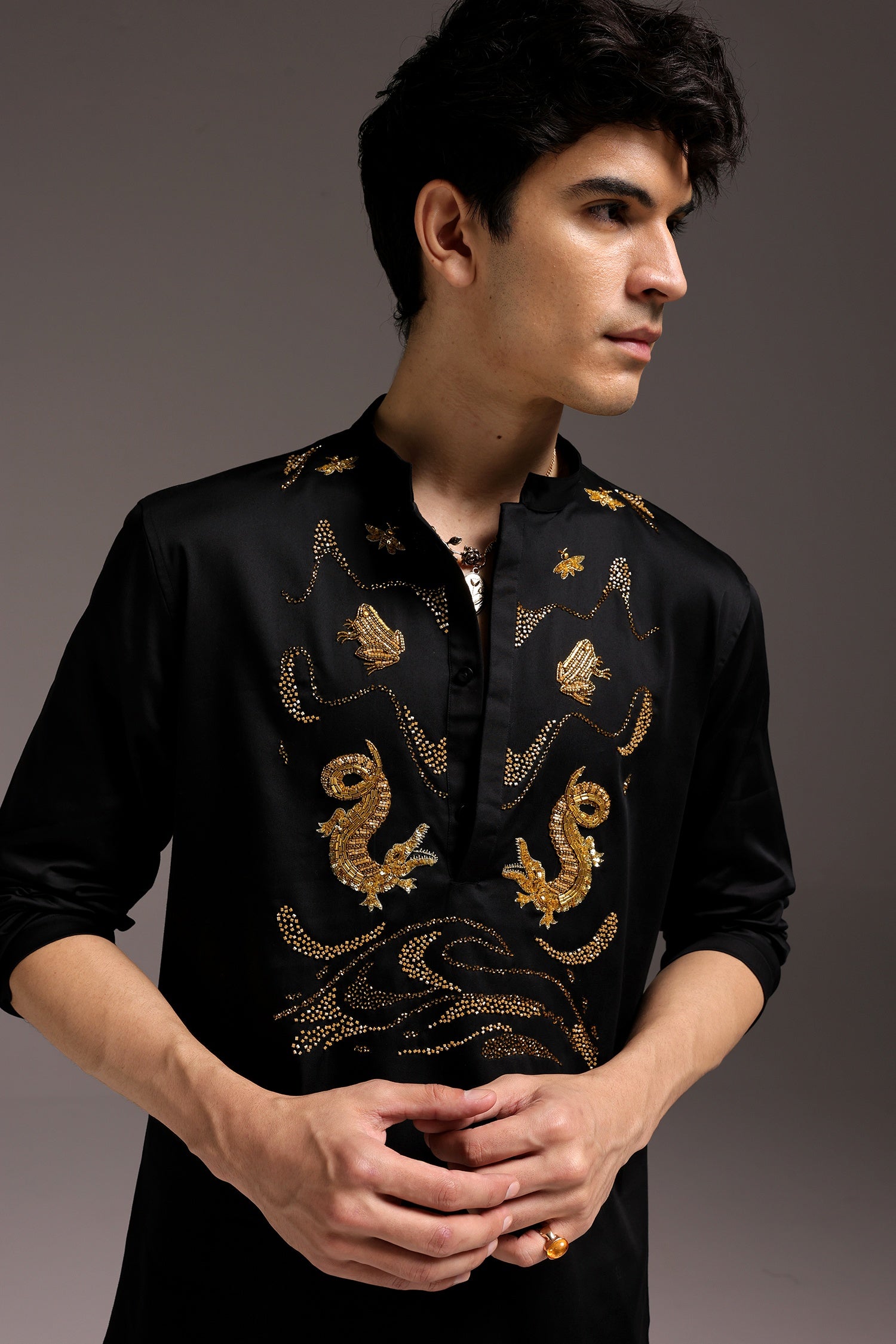 Lagoon(Crocodile&frog) - Hand Embroidered Designer Kurta