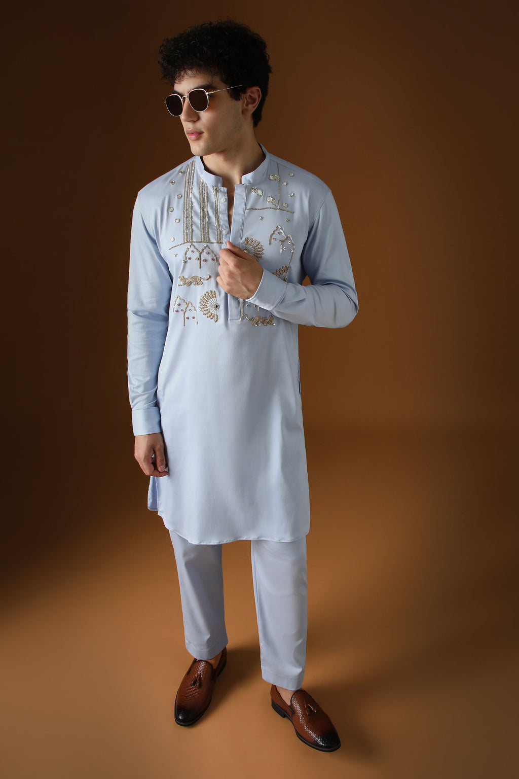 Jaguar Palace -Hand Embroidered Designer Kurta - Powder Blue