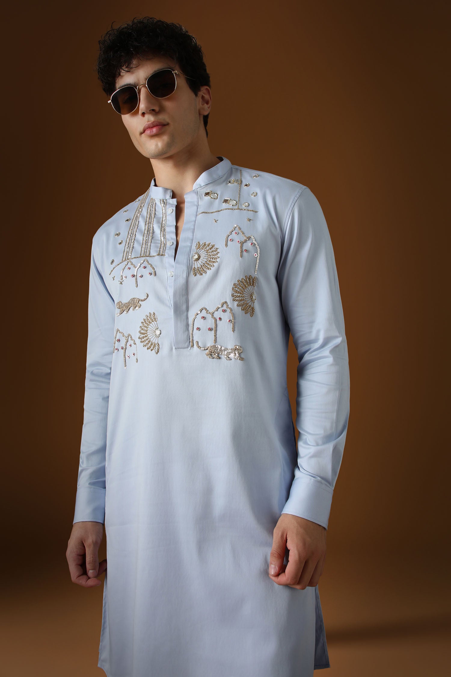 Jaguar Palace -Hand Embroidered Designer Kurta - Powder Blue