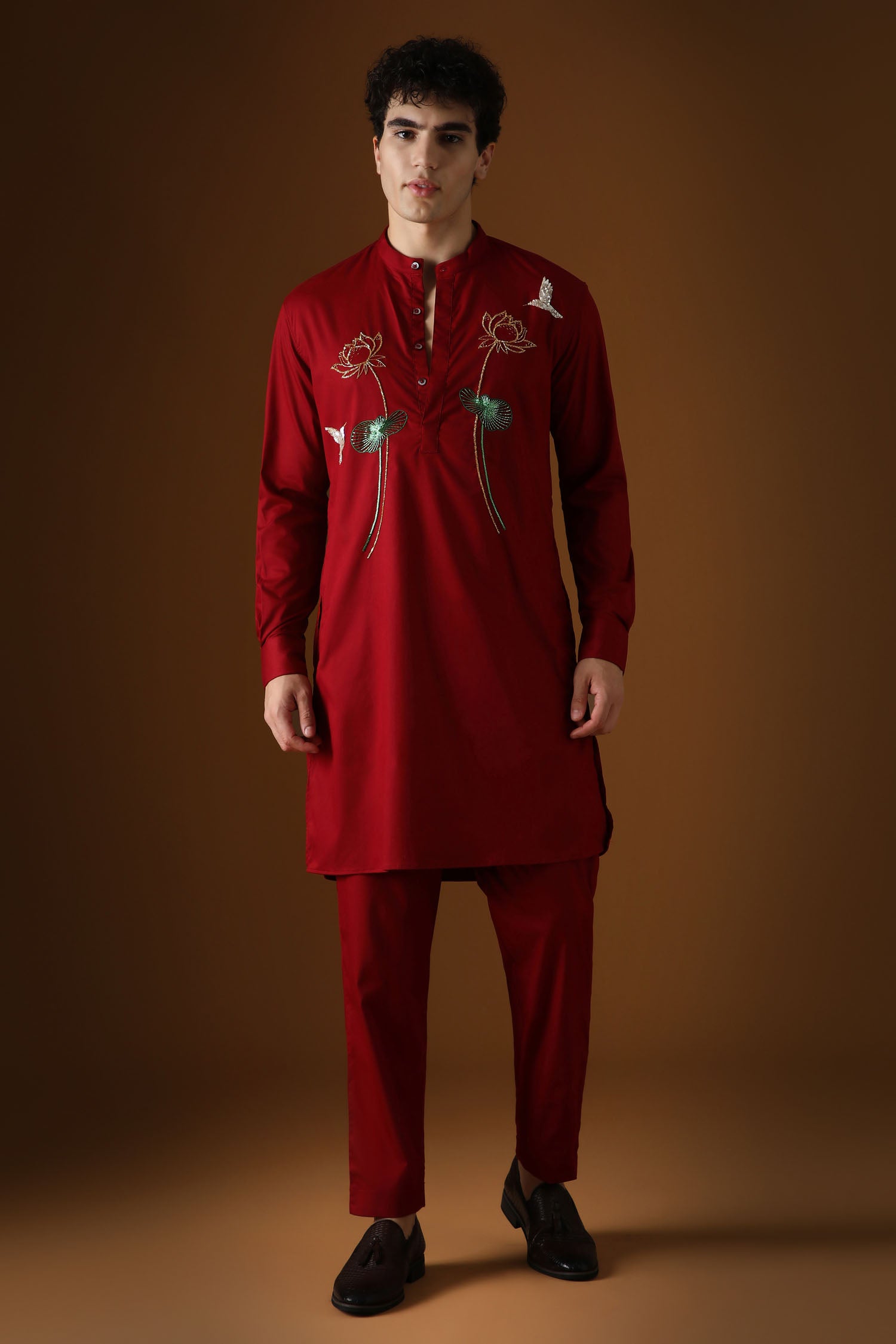 Lotuses - Hand Embroidered Designer Kurta - Burgundy