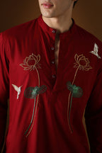 Lotuses - Hand Embroidered Designer Kurta - Burgundy
