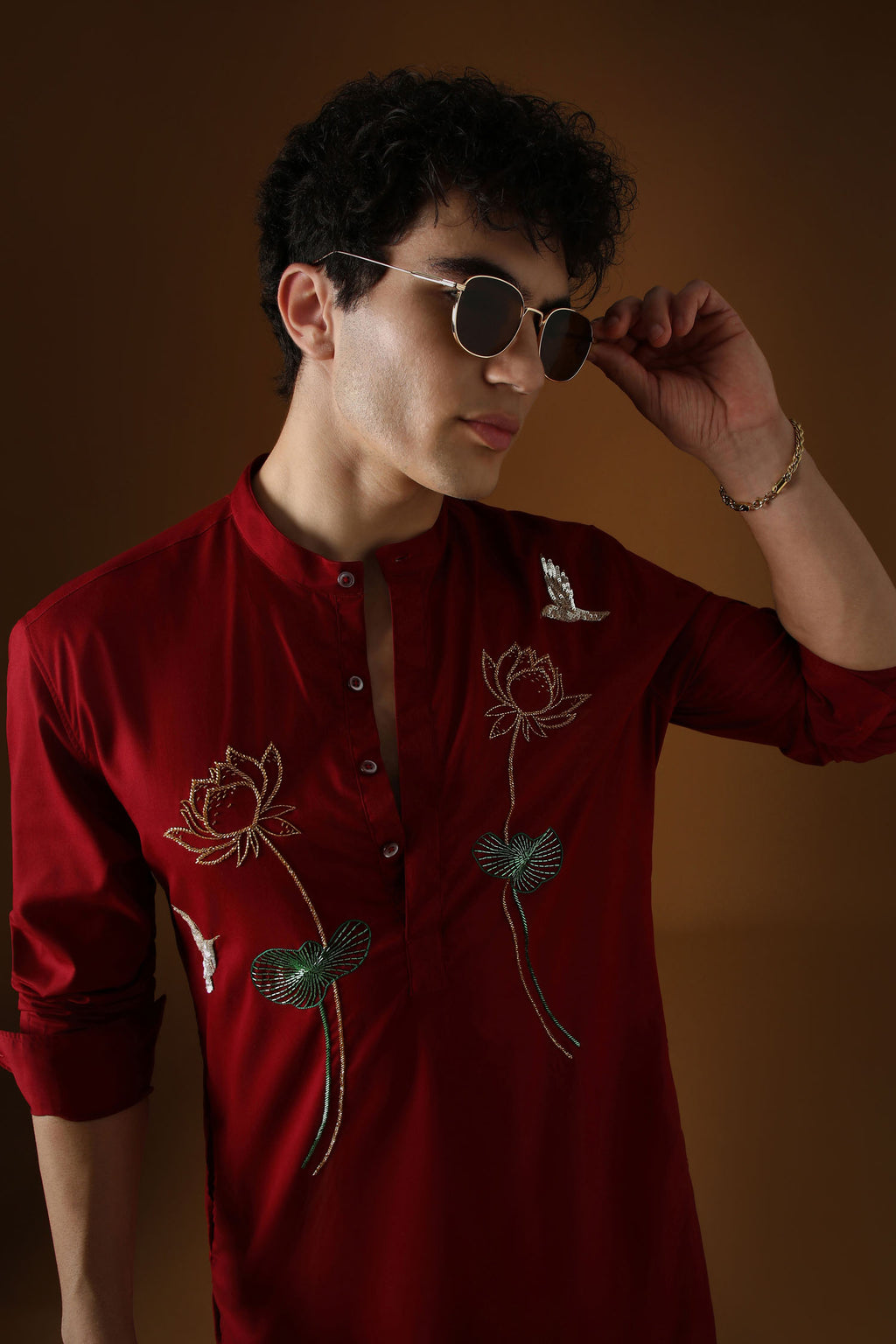 Lotuses - Hand Embroidered Designer Kurta - Burgundy