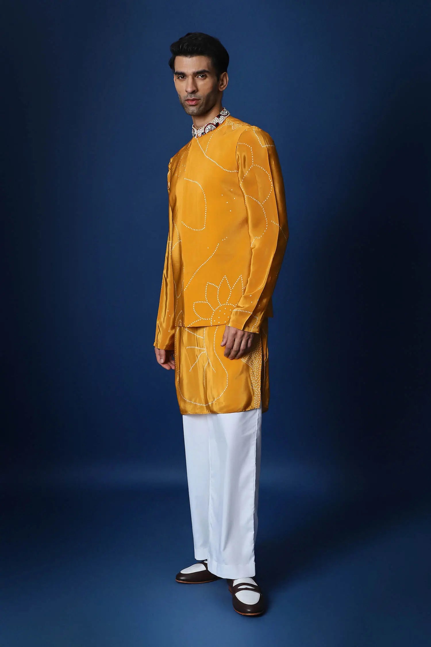 Mustard Doodle Flower Bandhani Bundi Set - Mustard