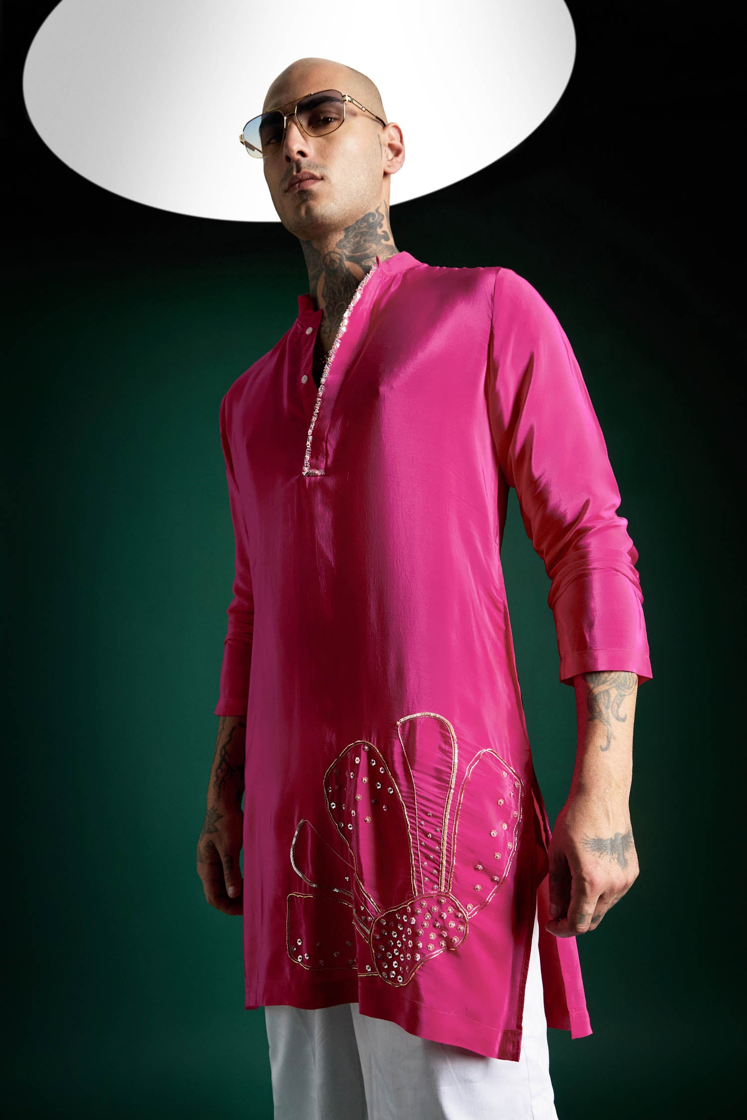 Petals Hand Embroidered Designer Kurta - Hot Pink