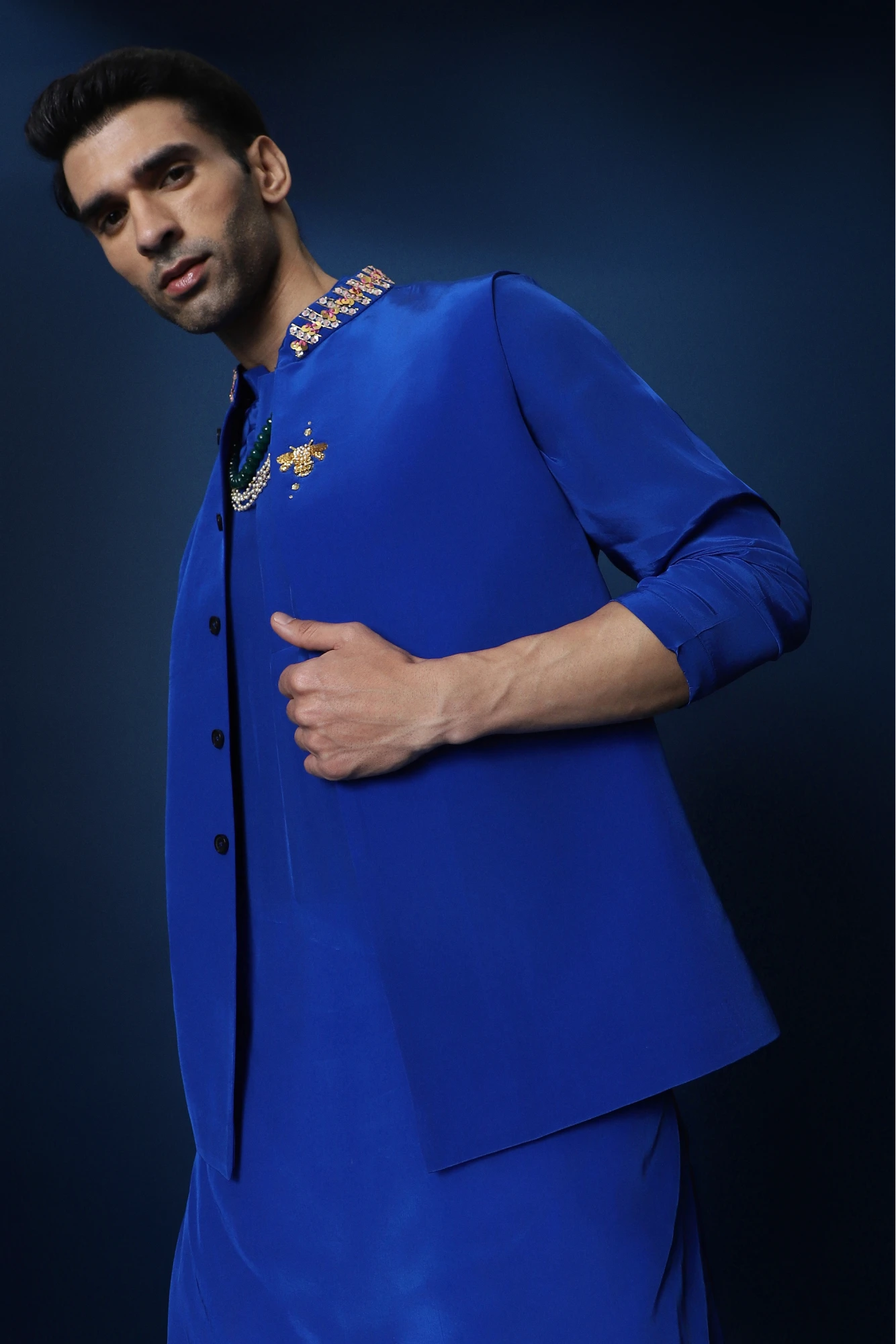 Groom Squad Hand Embroidered Crepe Bundi With Kurta  - Royal Blue