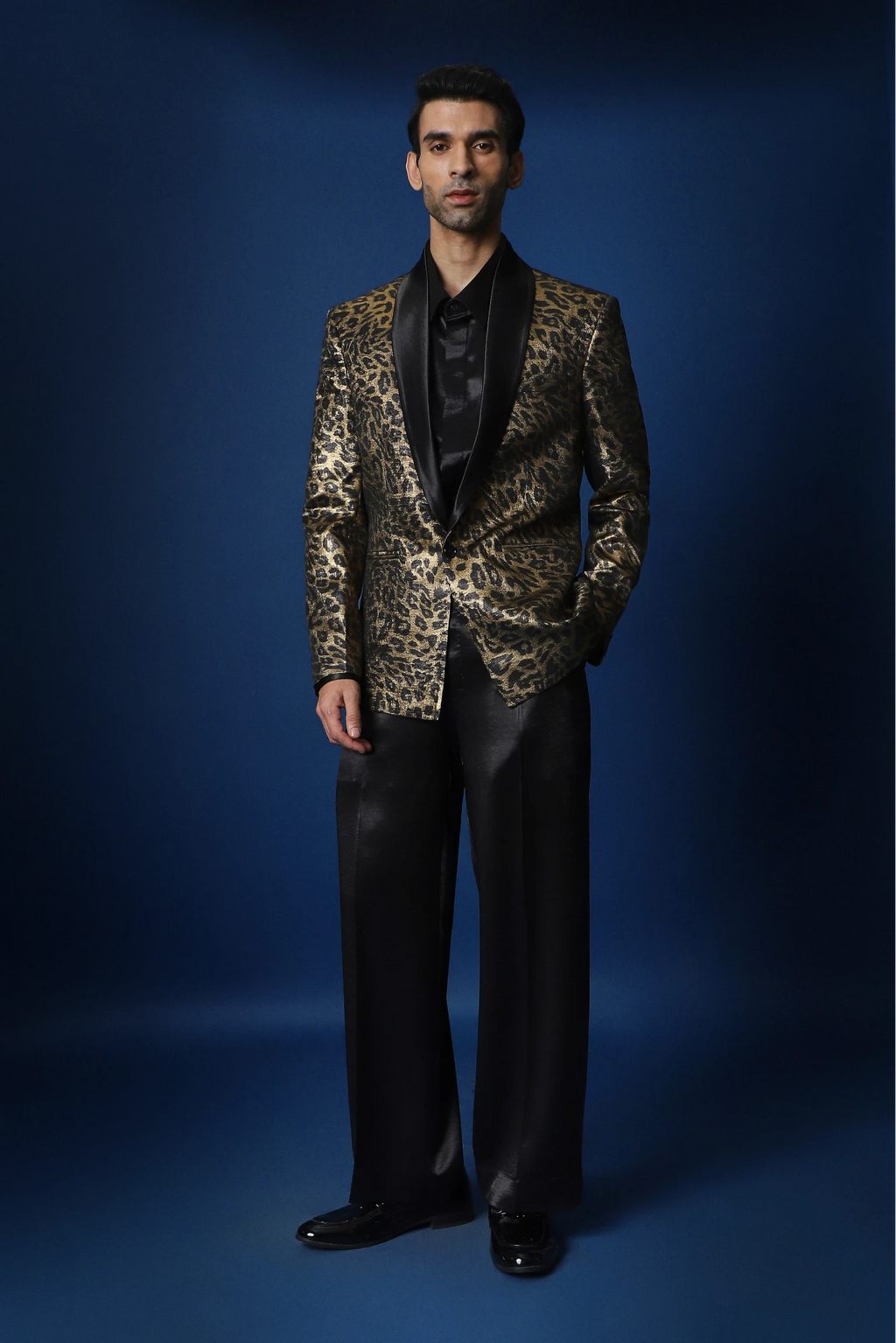 Leopard / Animal Print Hand Embroidered Tuxedo - Black