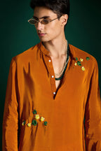 Water Lily Hand Embroidered Designer Kurta - Rust Orange