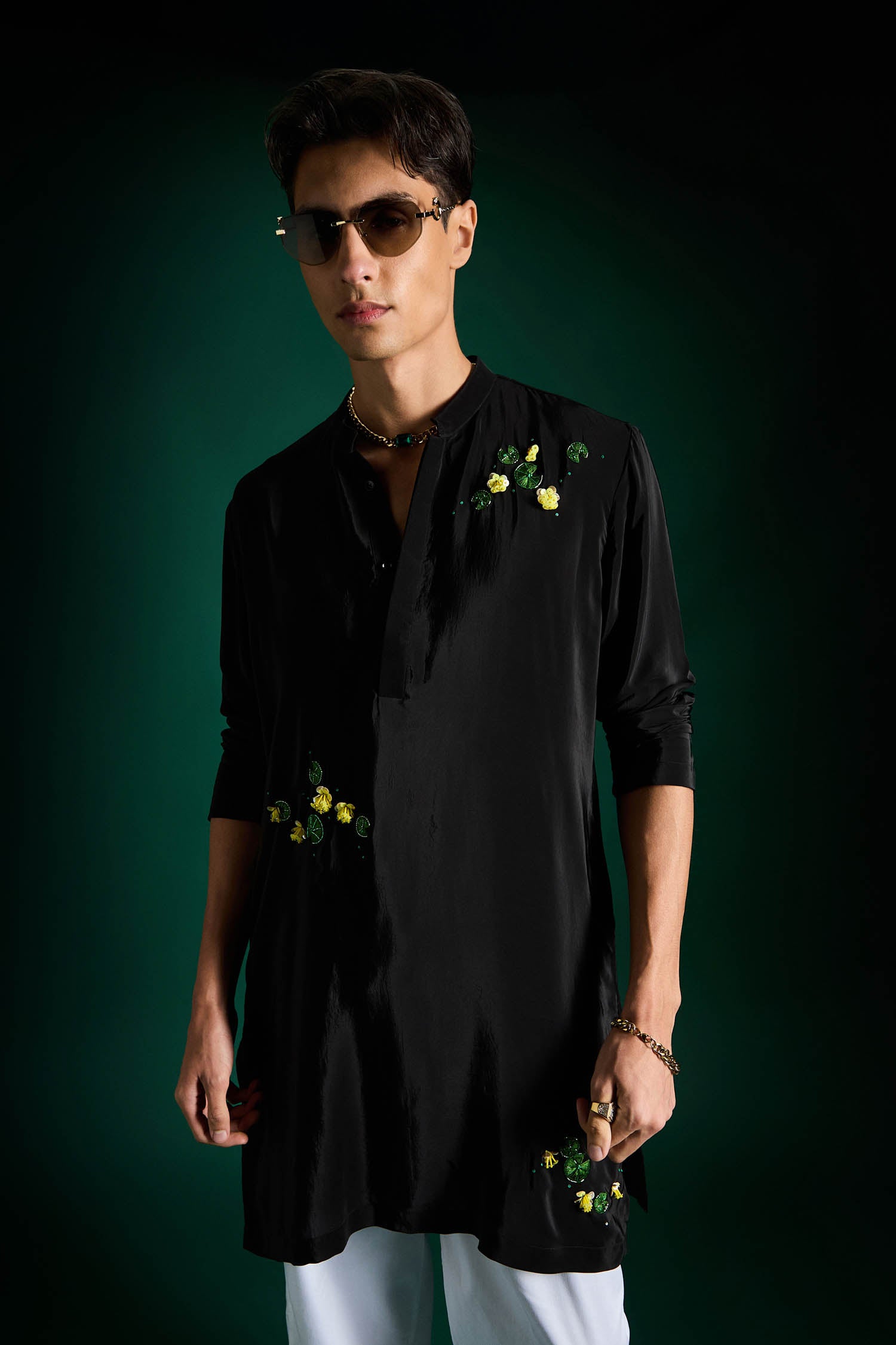 Water Lily Hand Embroidered Designer Kurta - Black
