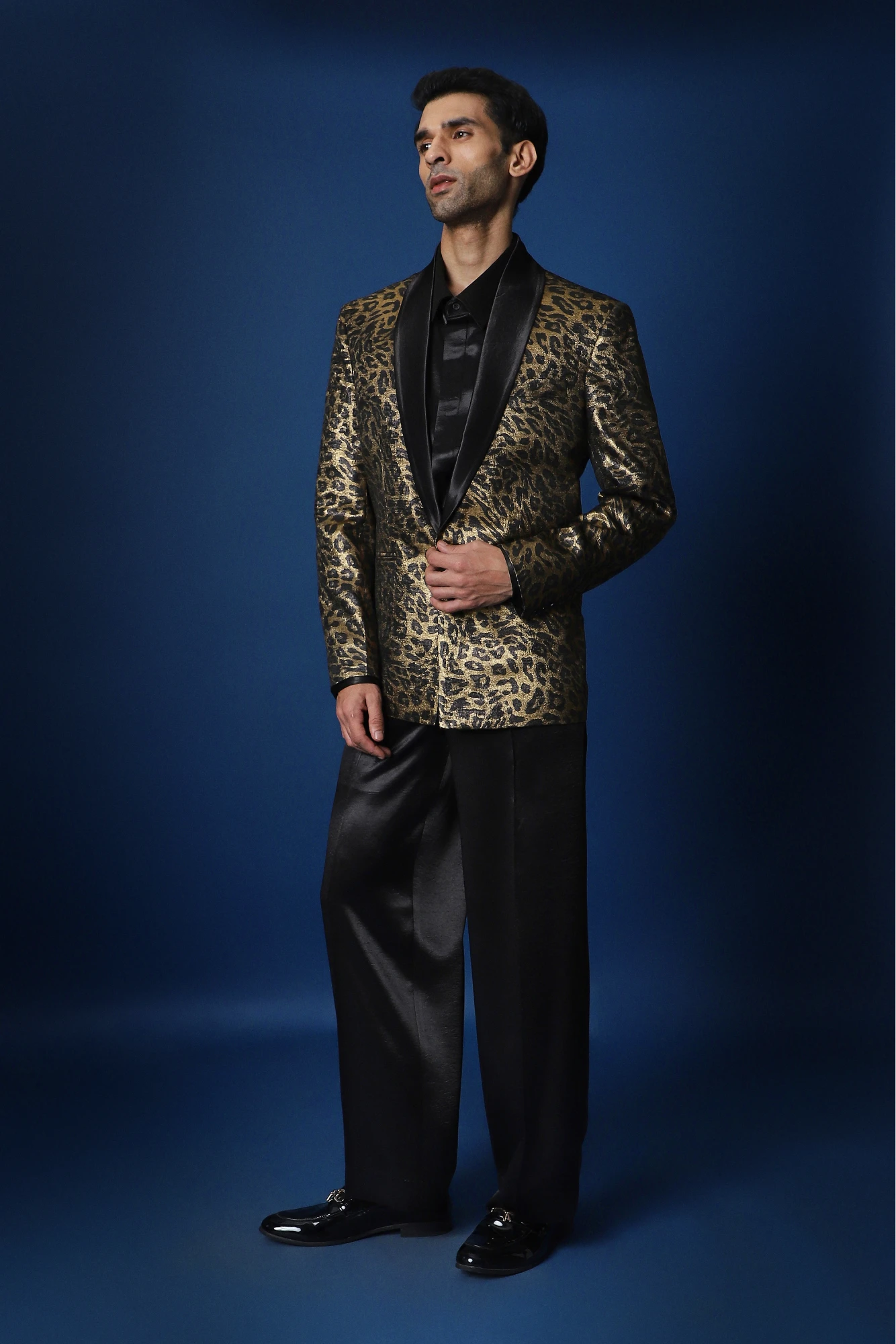 Leopard / Animal Print Hand Embroidered Tuxedo - Black