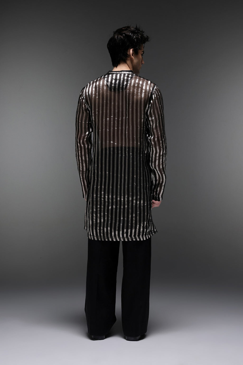 Black Tissue Stripes - Hand Embroidered Designer Kurta - Black