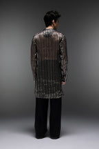 Black Tissue Stripes - Hand Embroidered Designer Kurta - Black